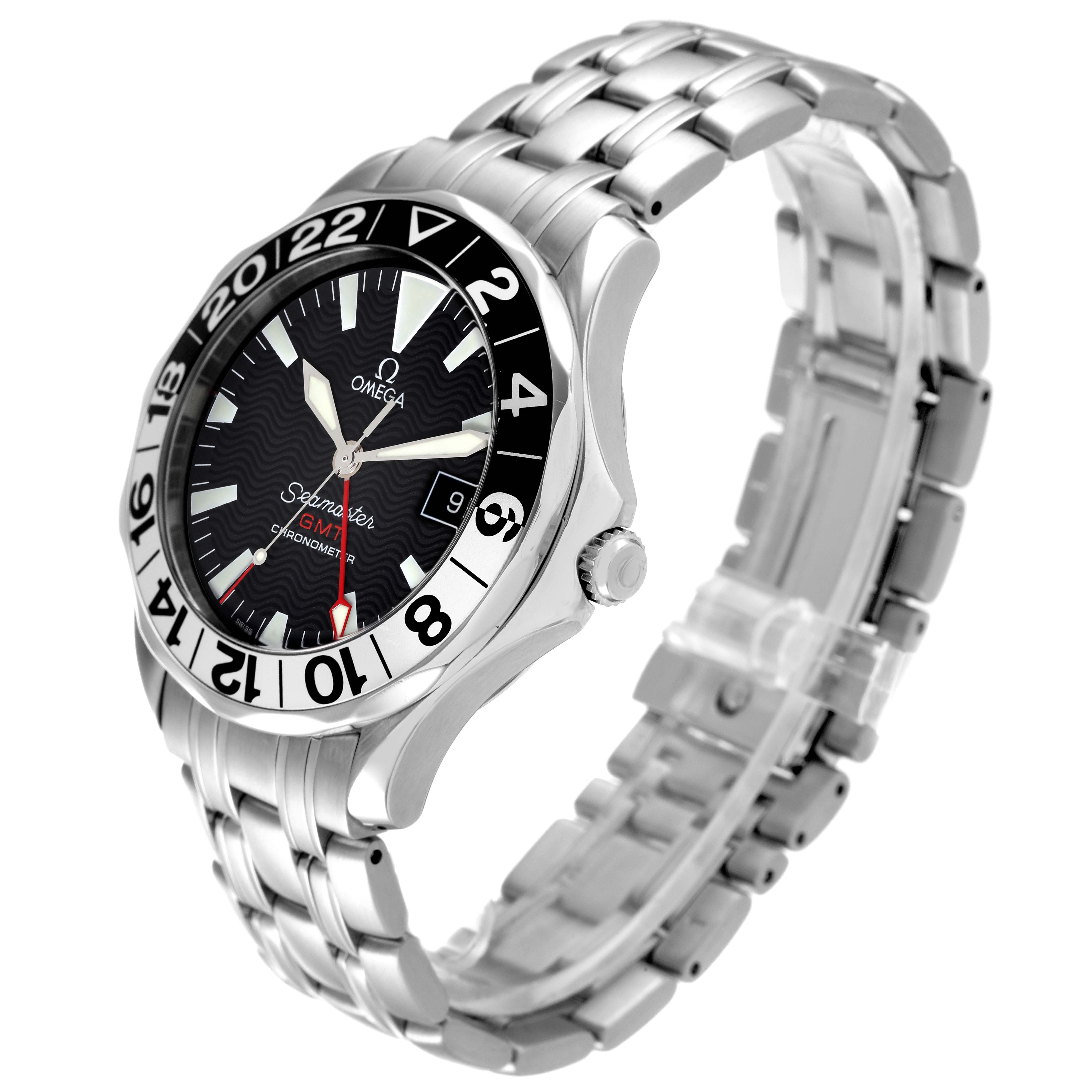 The Omega Seamaster 2534.50.00 Men's Stainless Steel Black Dial 2534.50.00 Men's Stainless Steel Black Dial watch is shown at an angle, highlighting the face, bezel, crown, and stainless steel bracelet.