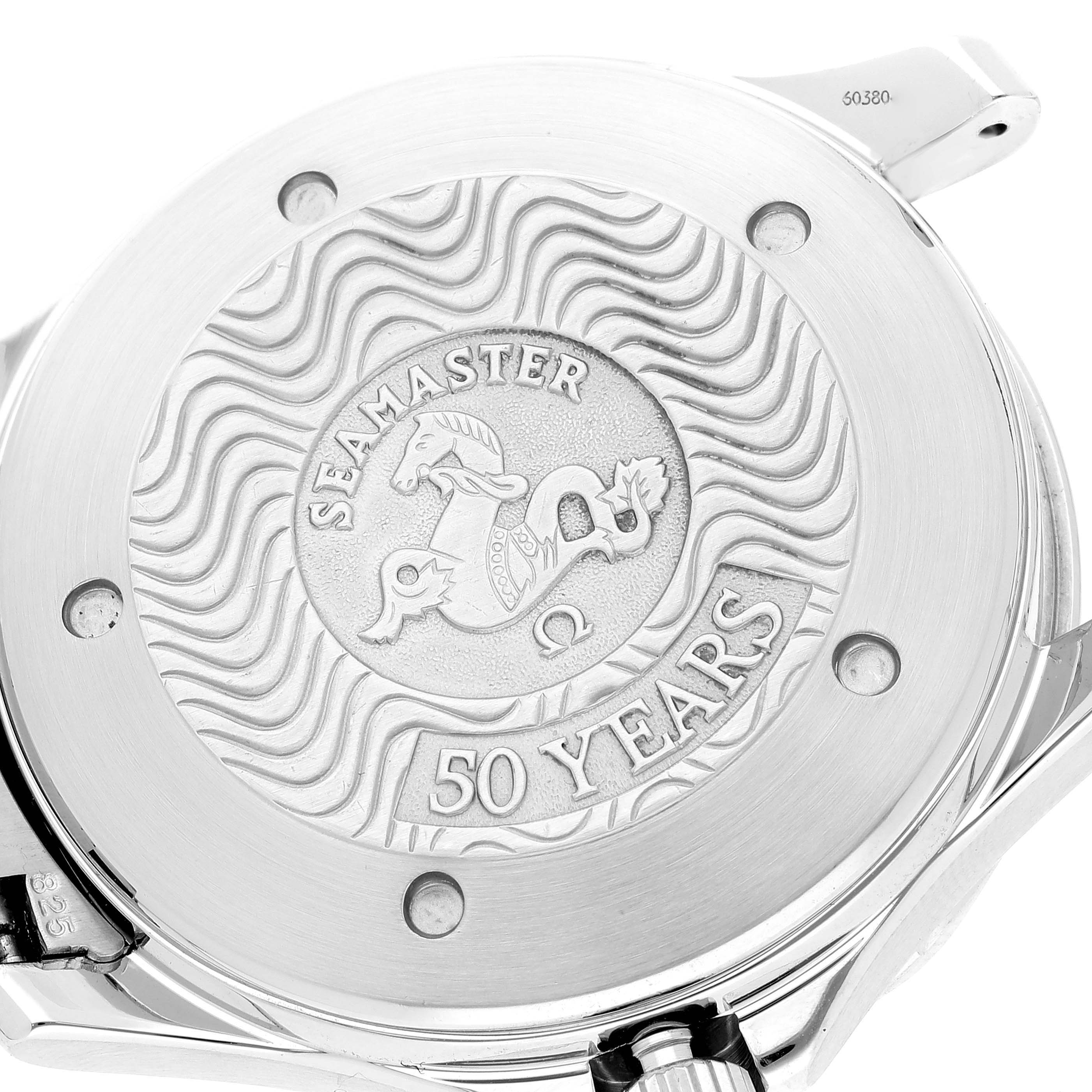 This image shows the engraved case back of the Omega Seamaster 2534.50.00 Men's Stainless Steel Black Dial 2534.50.00 Men's Stainless Steel Black Dial watch, commemorating "50 Years."