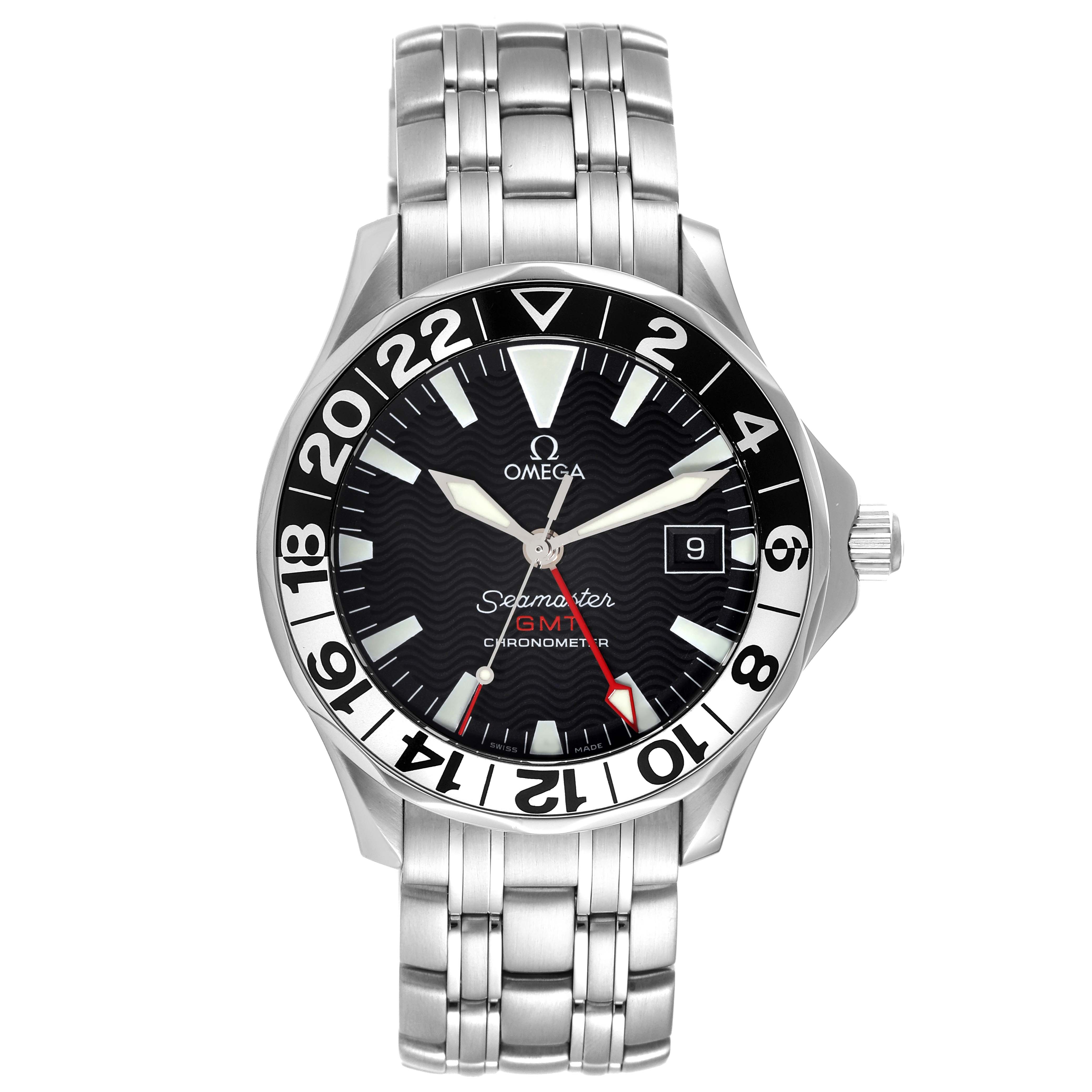 The image shows a front view of an Omega Seamaster 2534.50.00 Men's Stainless Steel Black Dial 2534.50.00 Men's Stainless Steel Black Dial model watch, displaying its dial, bezel, and stainless steel bracelet.