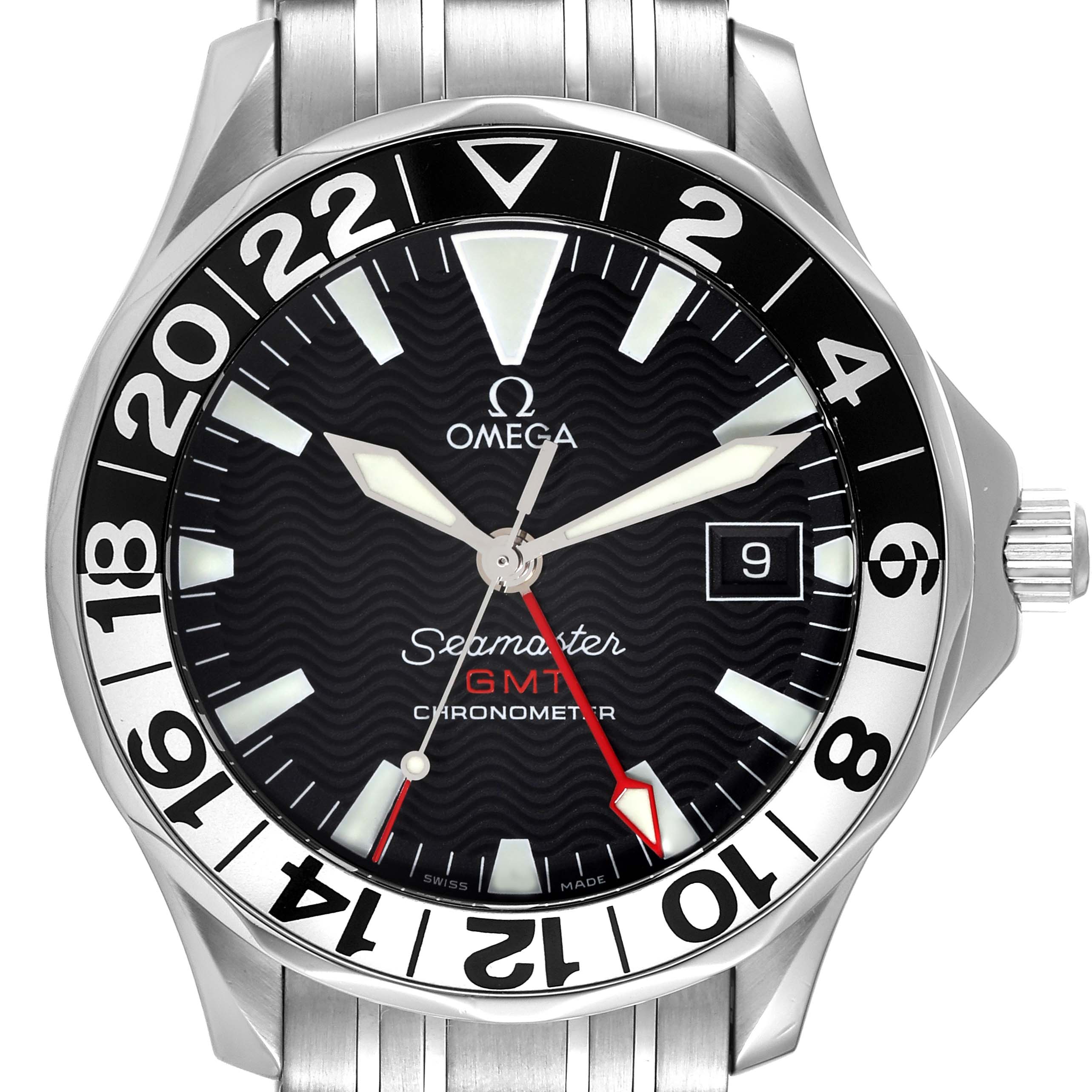 The image shows a frontal view of an Omega Seamaster 2534.50.00 Men's Stainless Steel Black Dial 2534.50.00 Men's Stainless Steel Black Dial GMT watch displaying the dial, bezel, hands, and part of the metal bracelet.