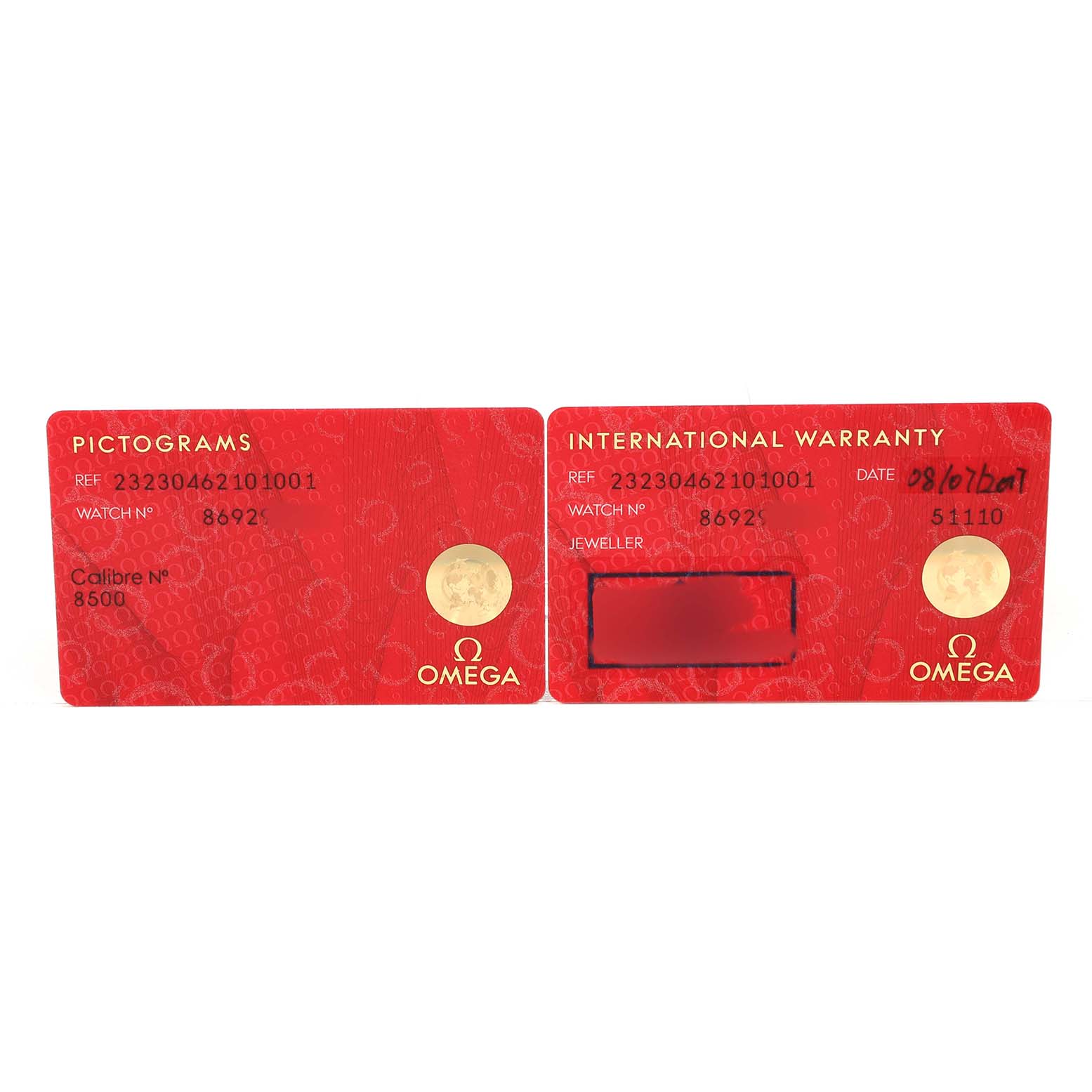 The image shows two red cards for the Omega Planet Ocean 232.30.46.21.01.001 Men's Stainless Steel Black Dial: a Pictograms card and an International Warranty card.