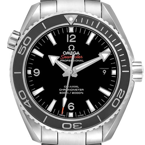The image shows a front view of the Omega Planet Ocean 232.30.46.21.01.001 Men's Stainless Steel Black Dial watch, highlighting its bezel, dial, and hands.