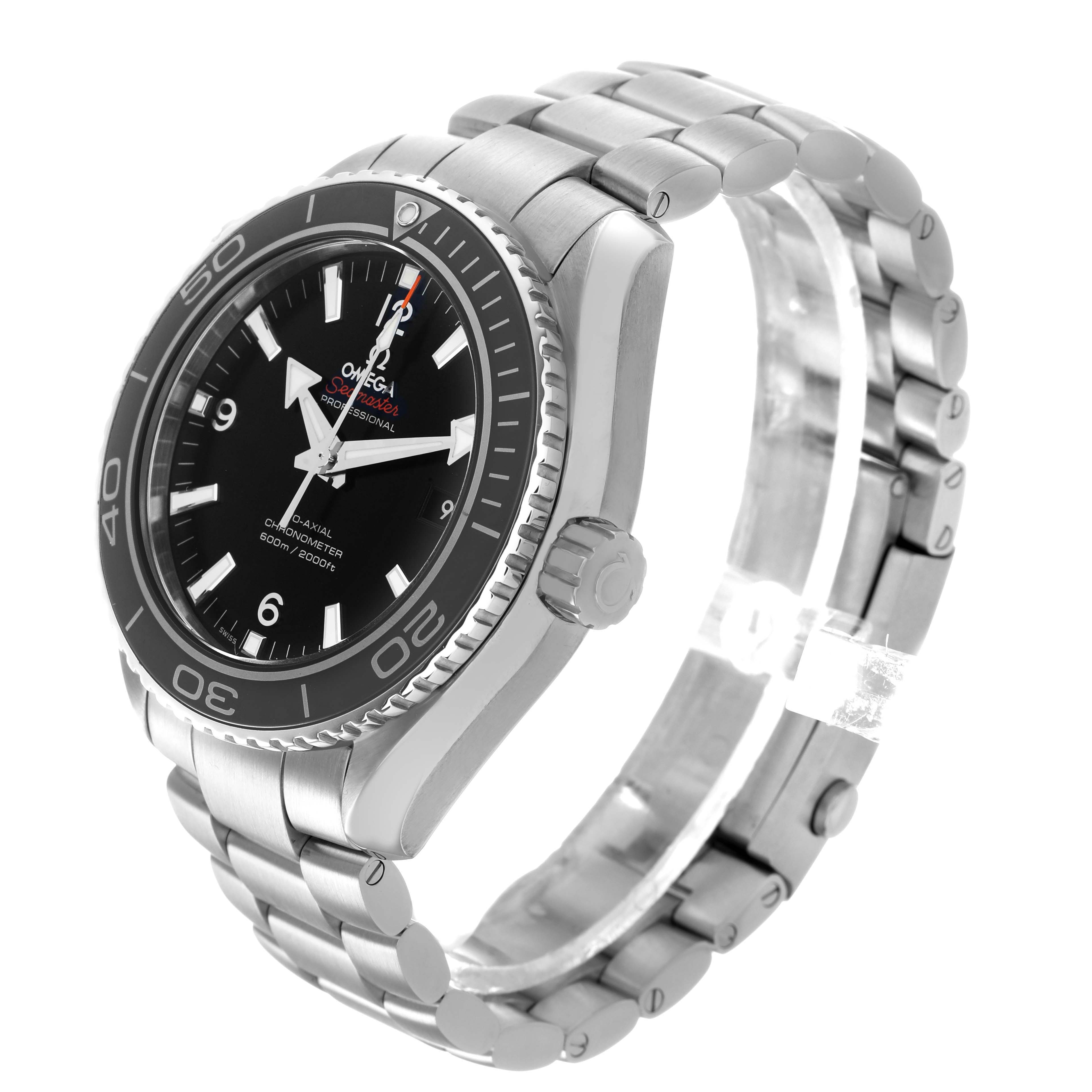 The Omega Planet Ocean 232.30.46.21.01.001 Men's Stainless Steel Black Dial watch is shown at a three-quarter angle, highlighting the bracelet, bezel, and crown.