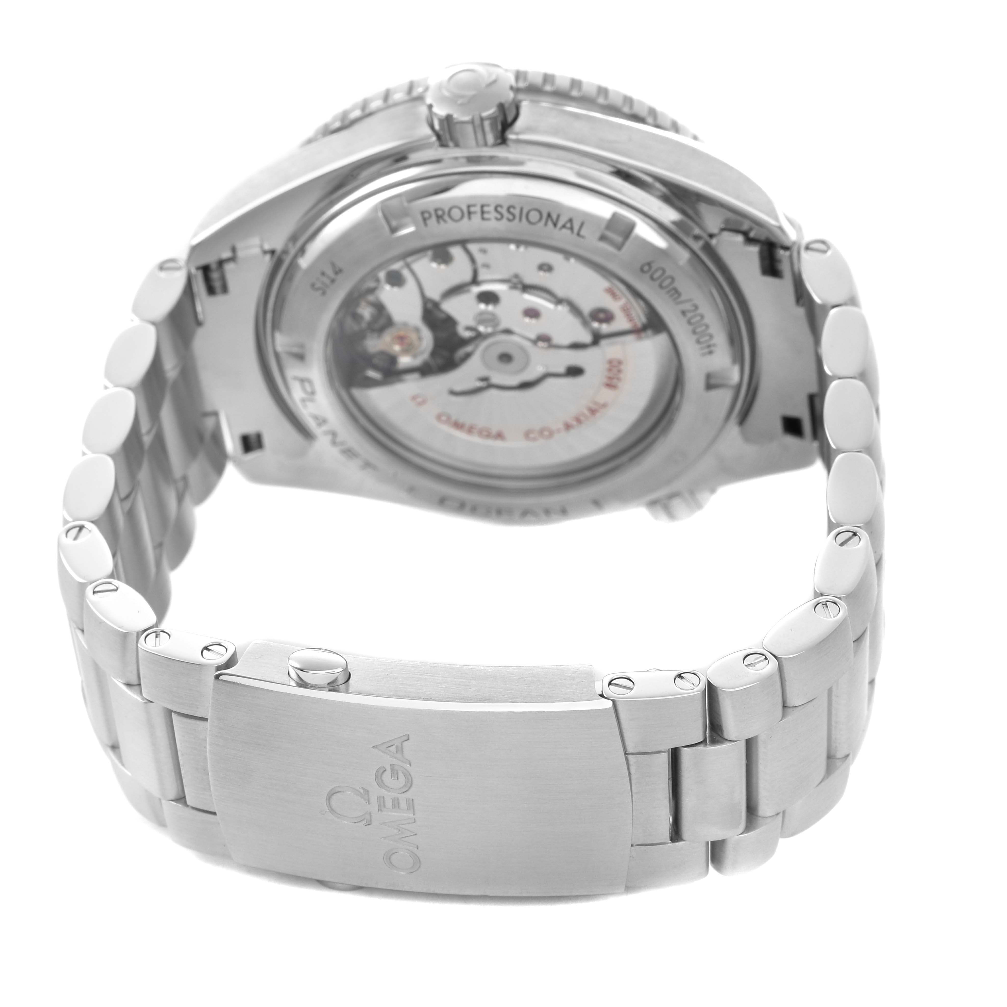 The image shows the back of an Omega Planet Ocean 232.30.46.21.01.001 Men's Stainless Steel Black Dial watch, highlighting the movement and the clasp on the bracelet.