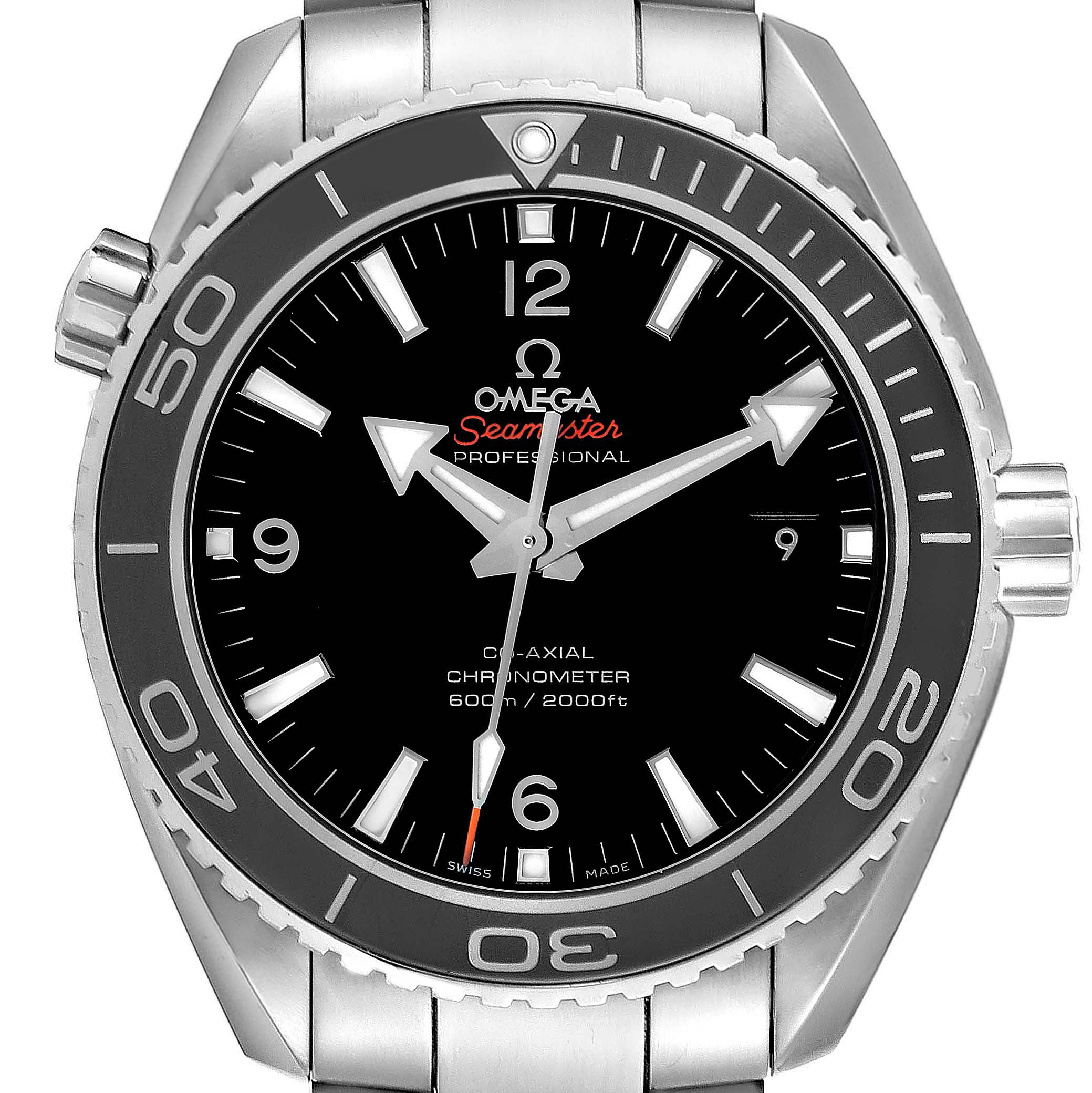 The Omega Planet Ocean 232.30.46.21.01.001 Men's Stainless Steel Black Dial watch is shown from the front, displaying the dial, bezel, and crown.