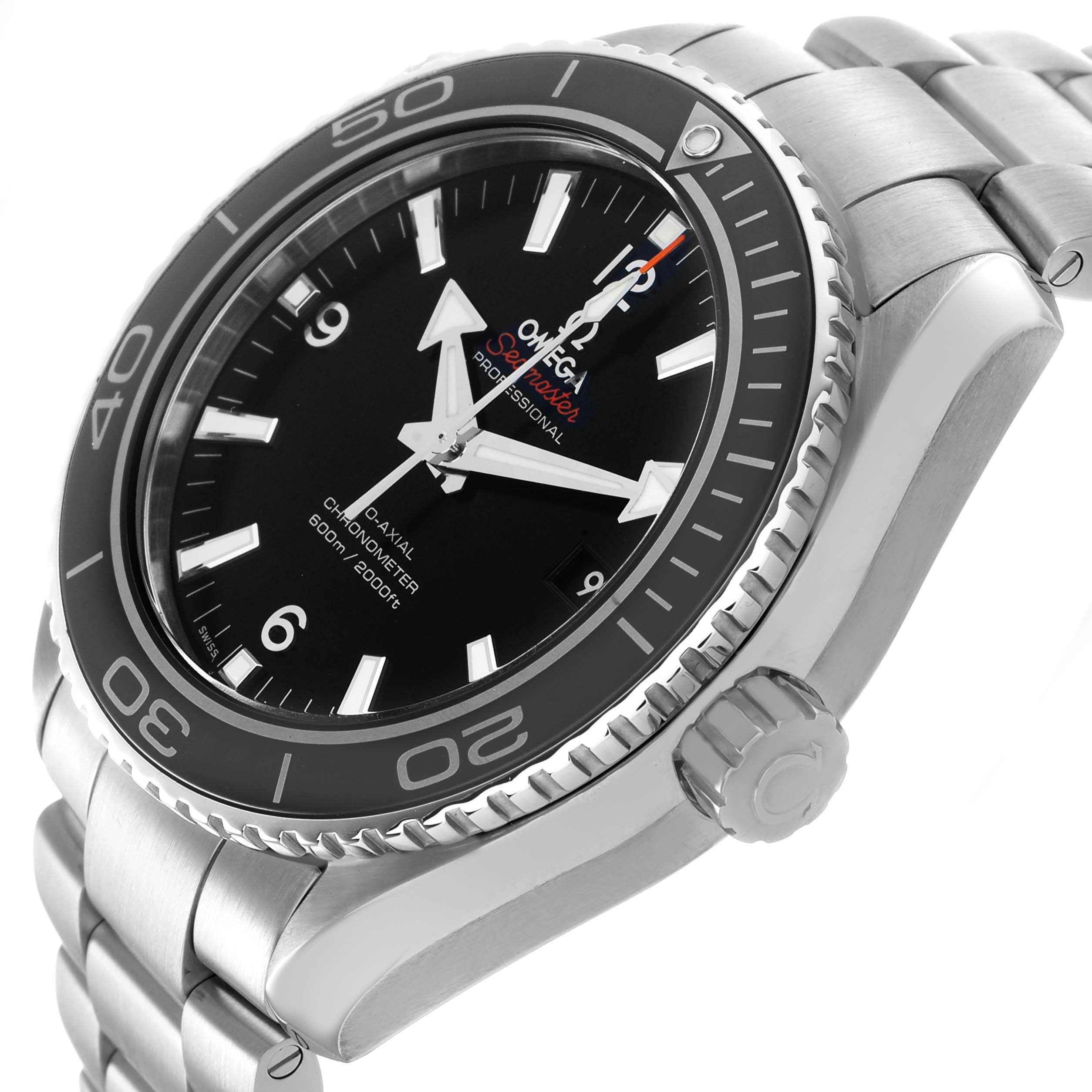 The Omega Planet Ocean 232.30.46.21.01.001 Men's Stainless Steel Black Dial watch is shown at an angled view, highlighting its face, bezel, and a portion of the bracelet.