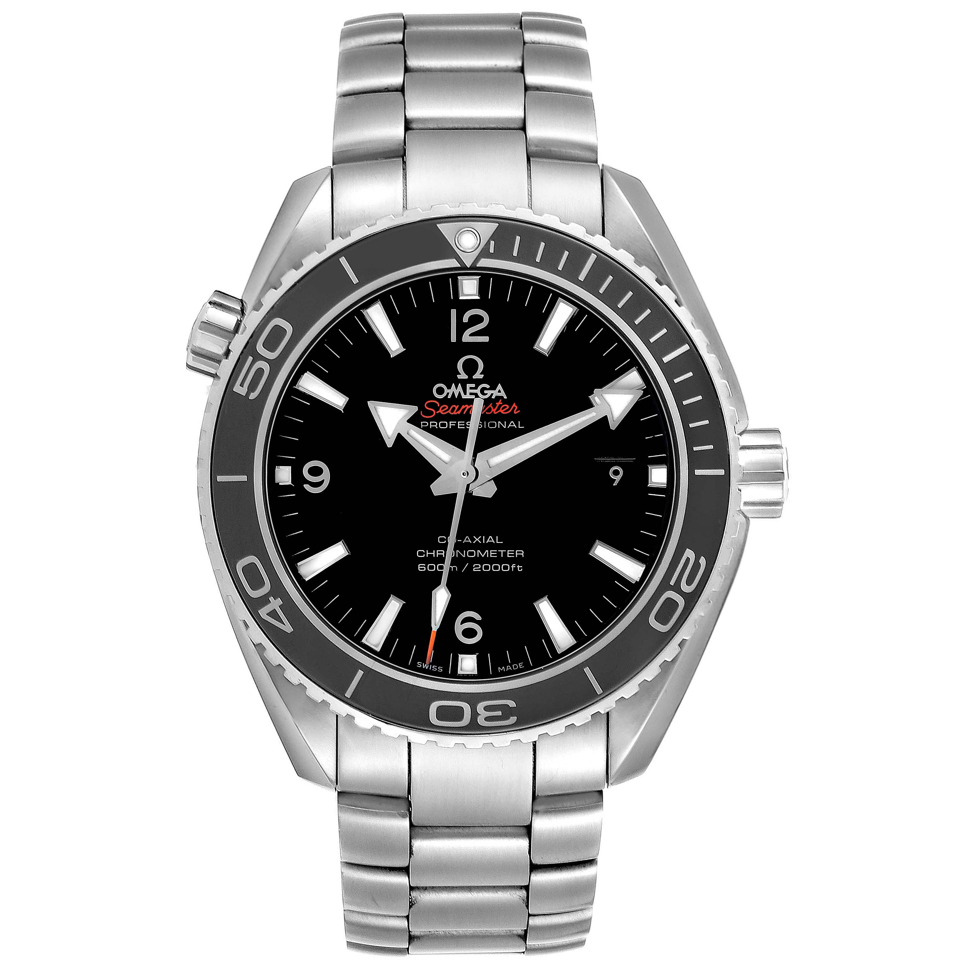 The Omega Planet Ocean 232.30.46.21.01.001 Men's Stainless Steel Black Dial watch is shown from the front, displaying its dial, bezel, and bracelet.