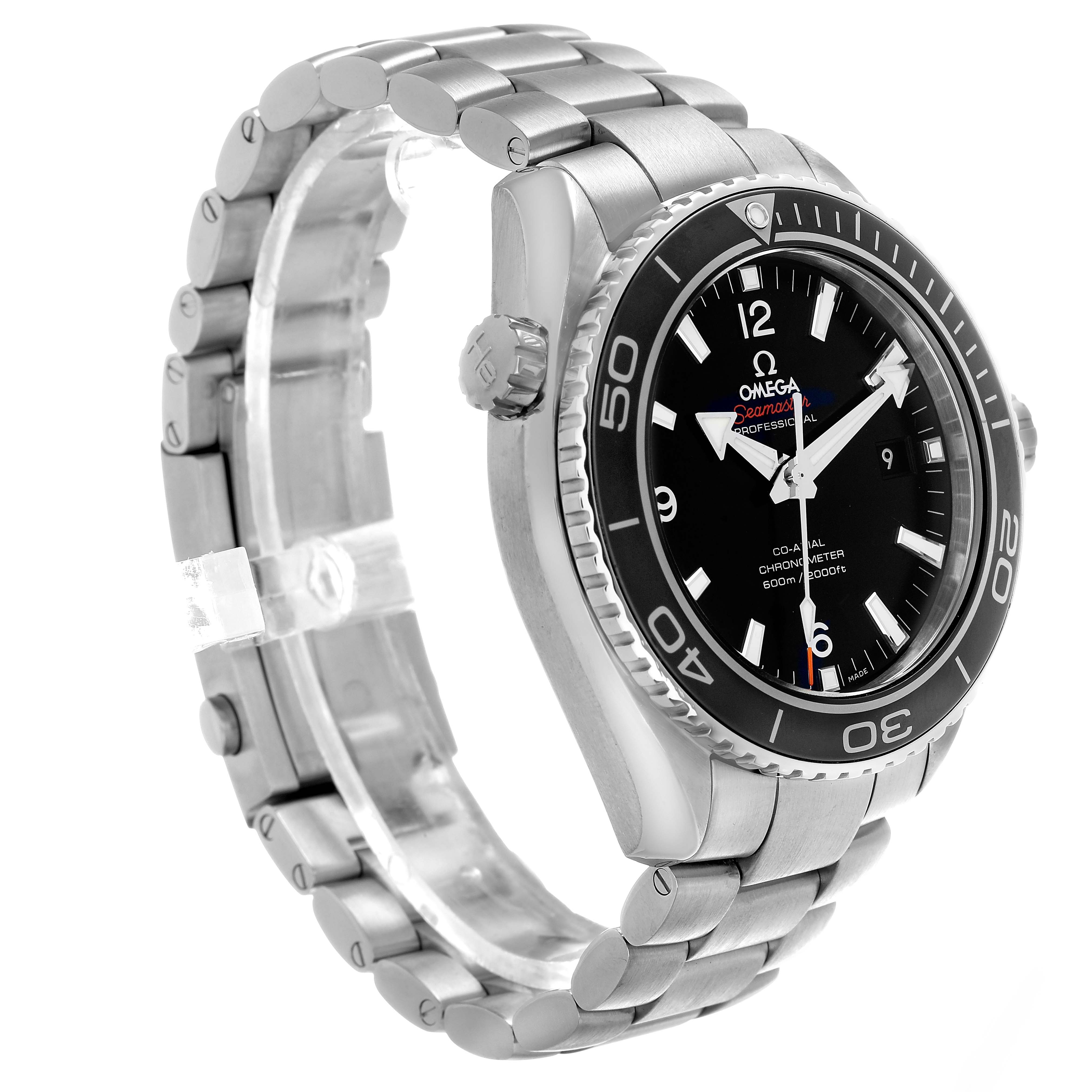 The Omega Planet Ocean 232.30.46.21.01.001 Men's Stainless Steel Black Dial watch is shown at a 3/4 angle, displaying the face, bezel, and metal bracelet.