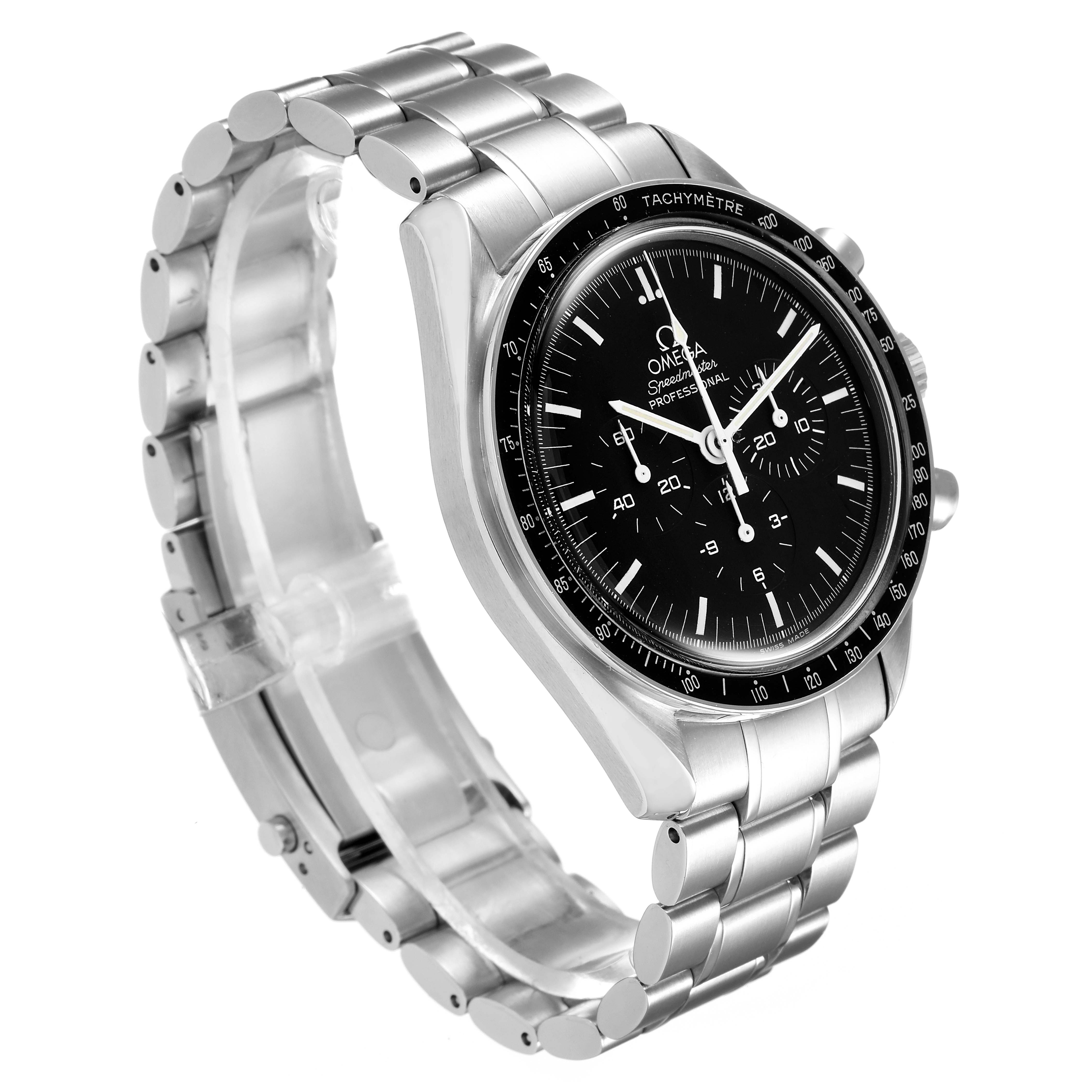 The Omega Speedmaster 3570.50.00 Men
s Stainless Steel Black Dial 3570.50.00 Men
s Stainless Steel Black Dial watch is shown at an angle highlighting its dial, bezel, and stainless steel bracelet.