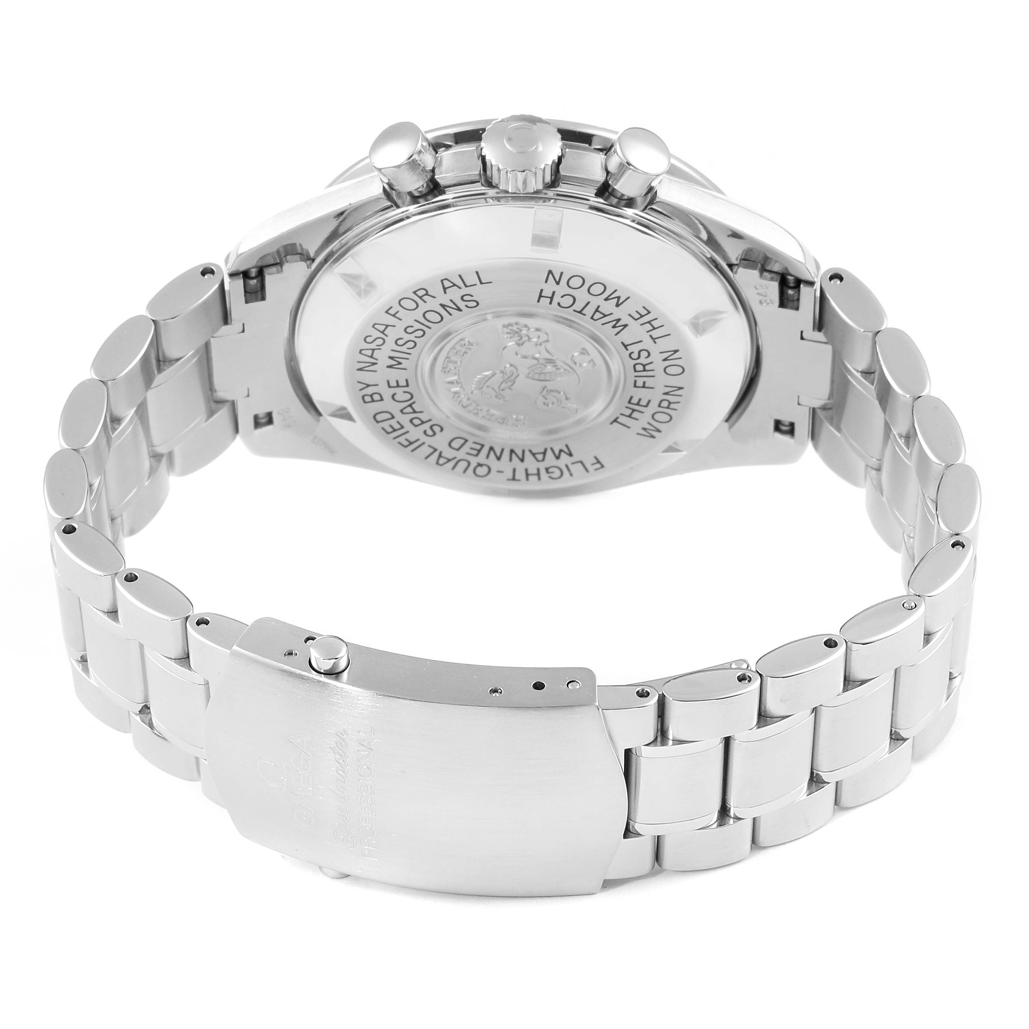 This image shows the back, clasp, and bracelet of an Omega Speedmaster 3570.50.00 Men
s Stainless Steel Black Dial 3570.50.00 Men
s Stainless Steel Black Dial watch, focused on the case back and part of the bracelet.