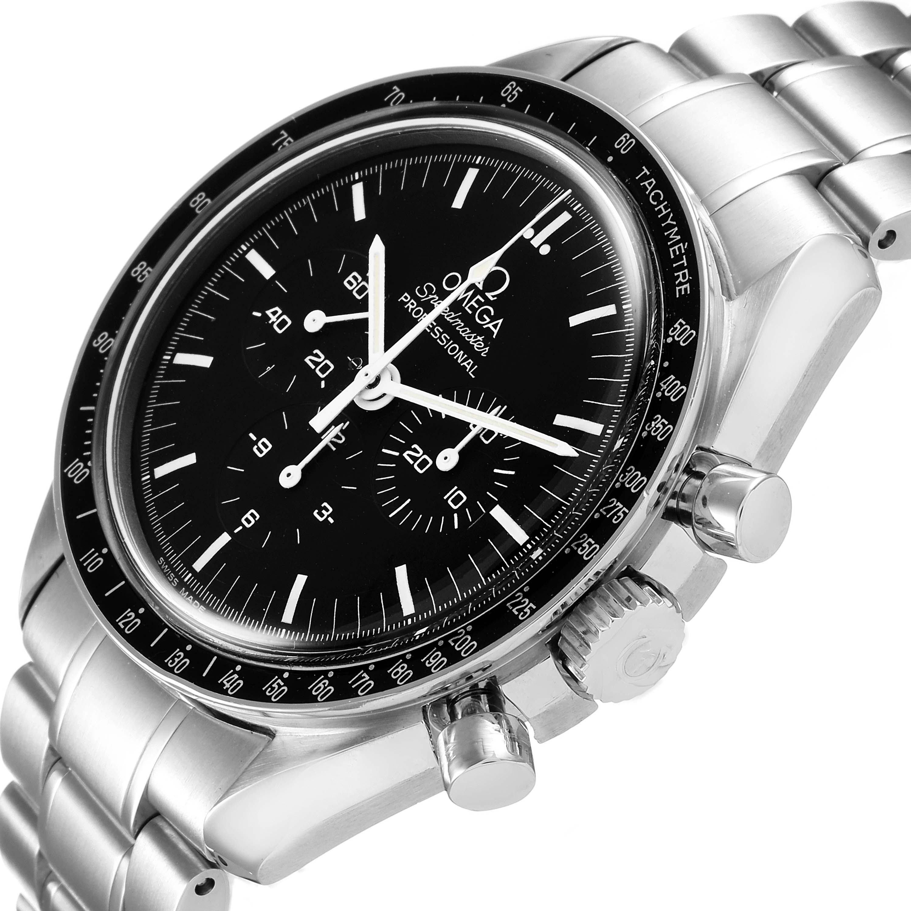 The image shows an angled view of the Omega Speedmaster 3570.50.00 Men
s Stainless Steel Black Dial 3570.50.00 Men
s Stainless Steel Black Dial watch, highlighting the face, crown, and chronograph pushers.