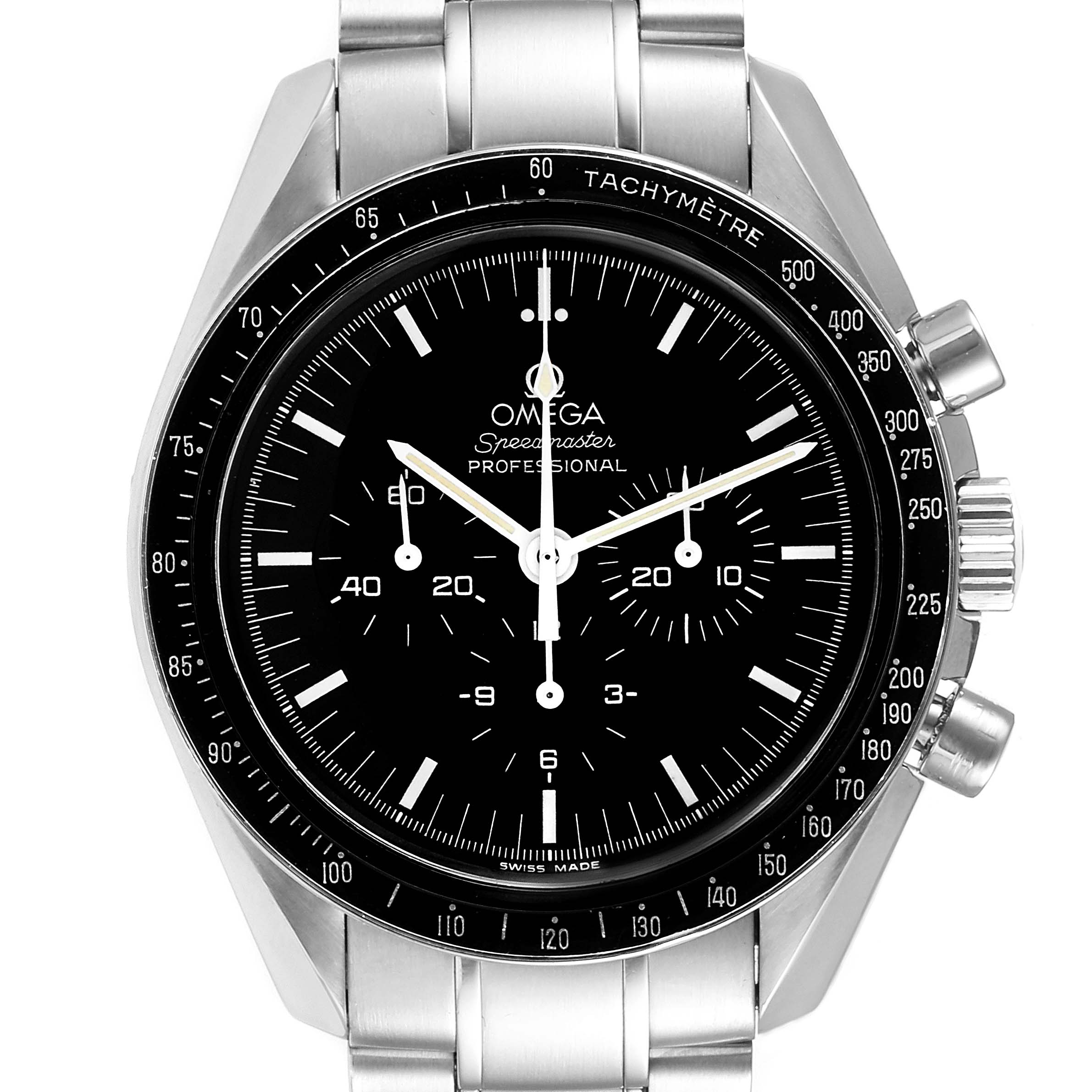 The image shows a frontal view of an Omega Speedmaster 3570.50.00 Men
s Stainless Steel Black Dial 3570.50.00 Men
s Stainless Steel Black Dial watch, highlighting the dial, tachymeter bezel, and chronograph pushers.