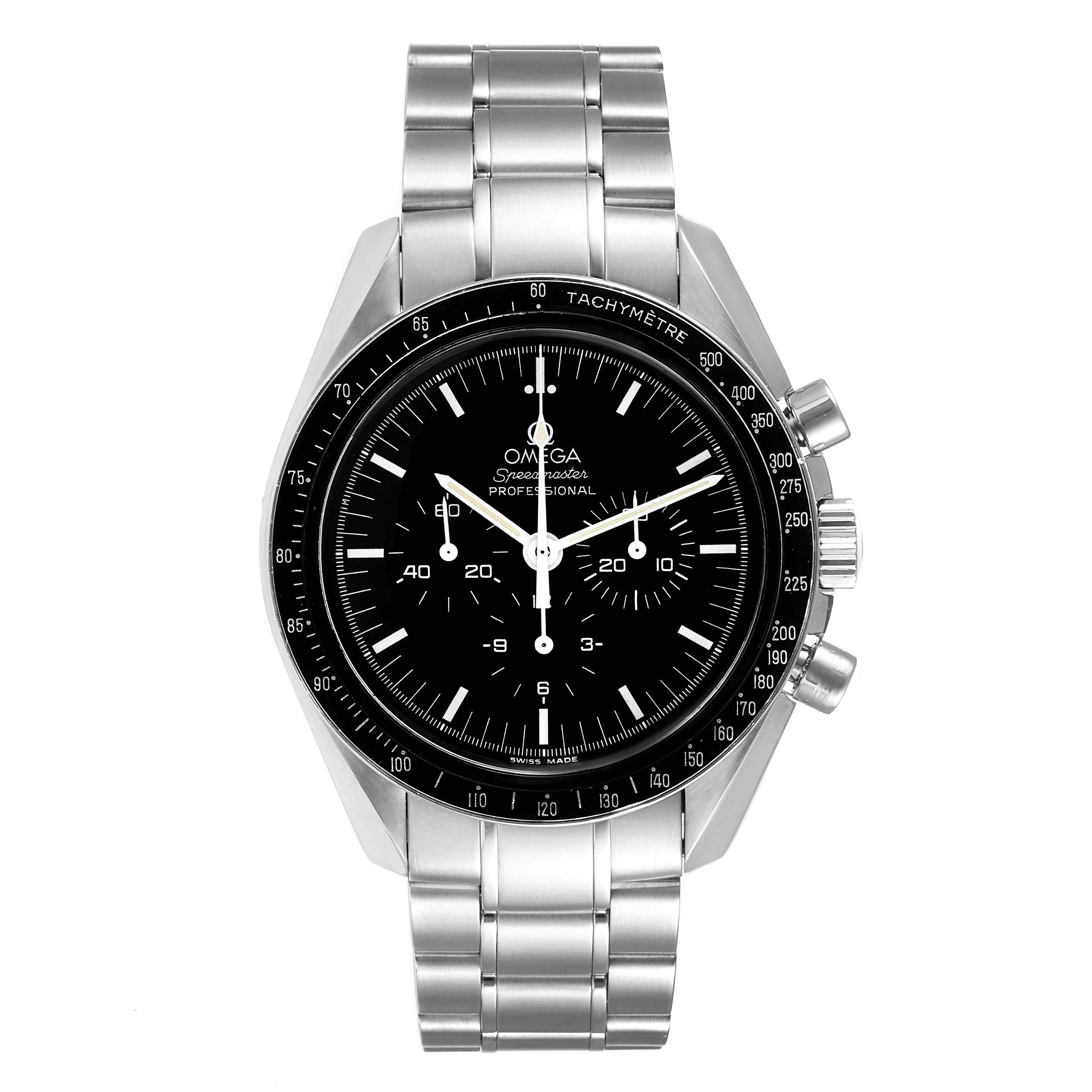 The Omega Speedmaster 3570.50.00 Men
s Stainless Steel Black Dial 3570.50.00 Men
s Stainless Steel Black Dial watch is shown from a front angle, displaying its stainless steel case, bracelet, and tachymeter bezel.