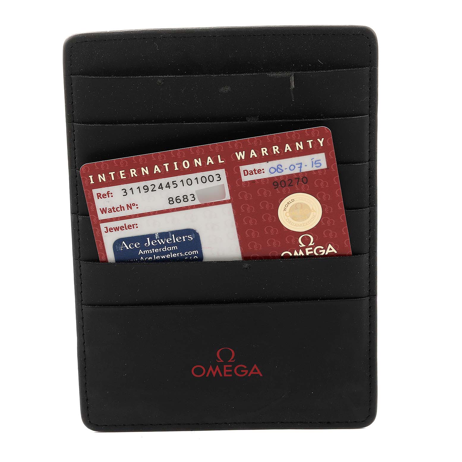 The image shows an Omega Speedmaster 311.92.44.51.01.003 Men
s Ceramic Black Dial 311.92.44.51.01.003 Men
s Ceramic Black Dial watch
s warranty card holder, featuring the international warranty card.