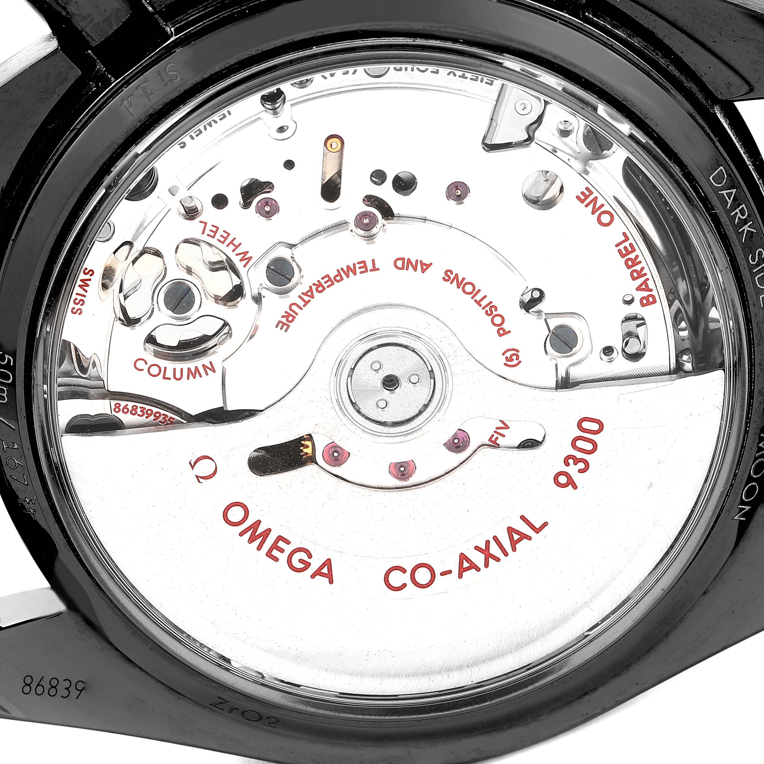 The image shows the back view of the Omega Speedmaster 311.92.44.51.01.003 Men
s Ceramic Black Dial 311.92.44.51.01.003 Men
s Ceramic Black Dial watch, focusing on the Co-Axial 9300 movement.