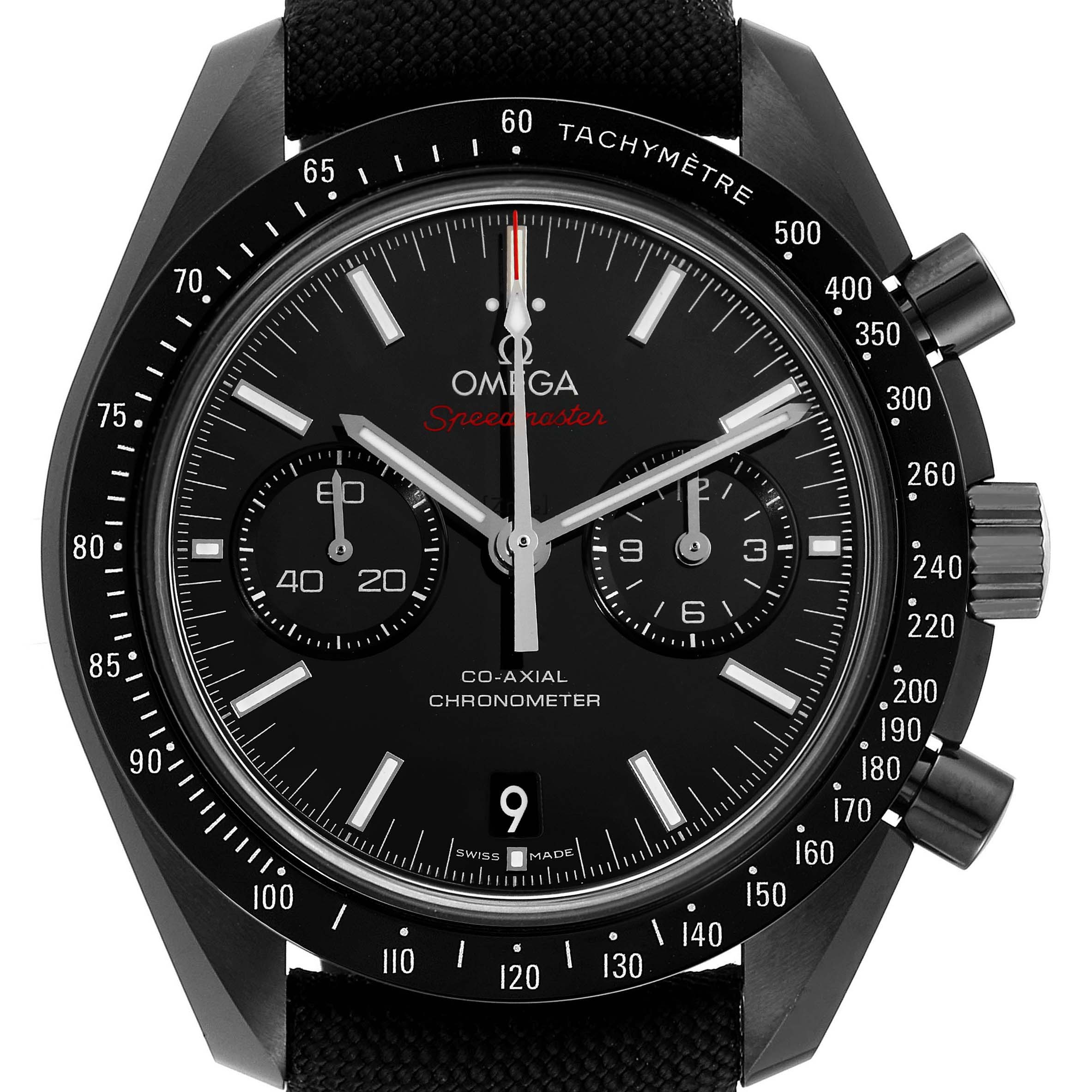 The image shows a front-facing view of the Omega Speedmaster 311.92.44.51.01.003 Men
s Ceramic Black Dial 311.92.44.51.01.003 Men
s Ceramic Black Dial watch, displaying the face, bezel, pushers, and crown.