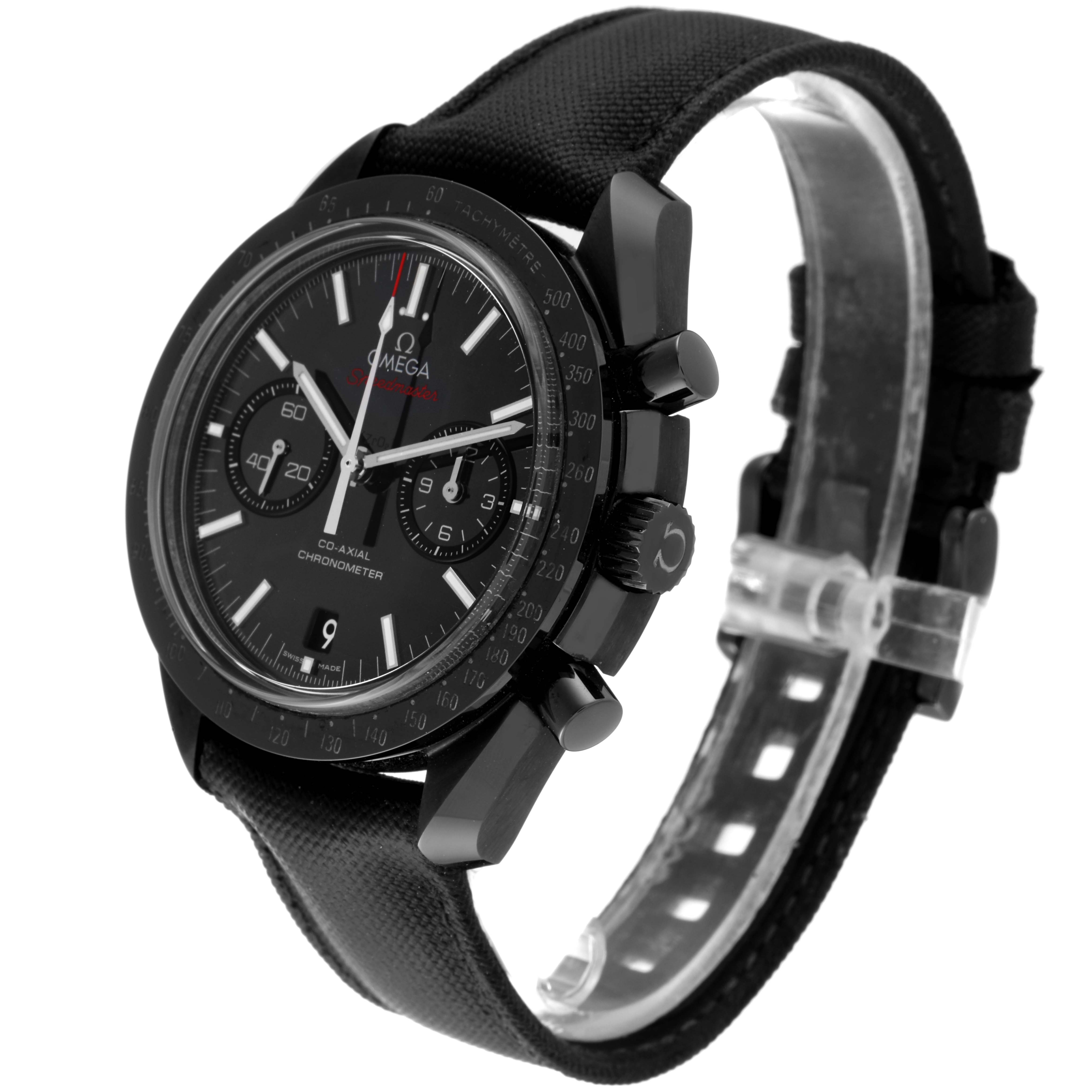 The Omega Speedmaster 311.92.44.51.01.003 Men
s Ceramic Black Dial 311.92.44.51.01.003 Men
s Ceramic Black Dial watch is shown at a slightly angled view from the front, highlighting the face, bezel, and strap.