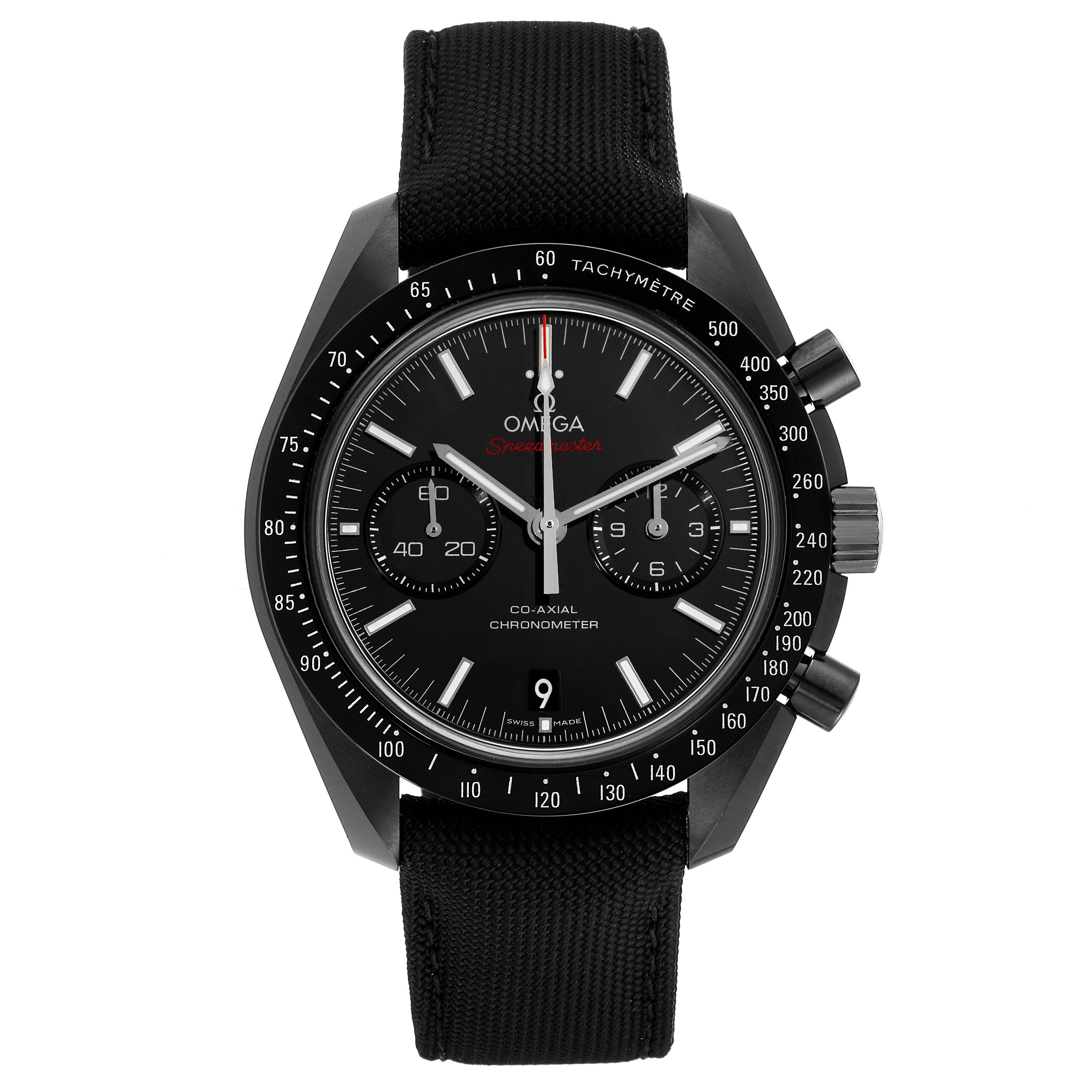 The image shows a front view of the Omega Speedmaster 311.92.44.51.01.003 Men
s Ceramic Black Dial 311.92.44.51.01.003 Men
s Ceramic Black Dial watch, highlighting its black dial, tachymeter bezel, and chronograph subdials.
