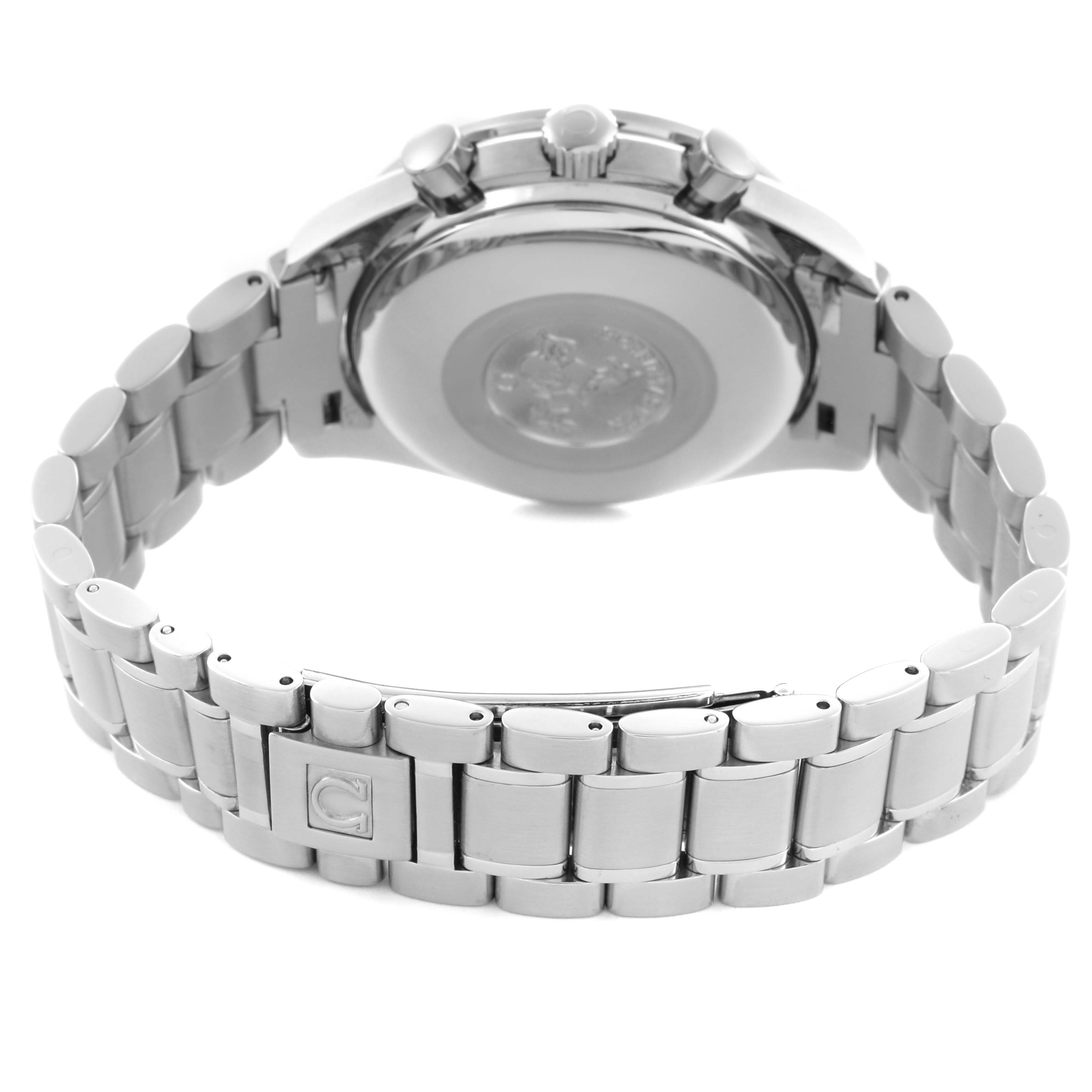 The Omega Speedmaster 3513.30.00 Men
s Stainless Steel Silver Dial 3513.30.00 Men
s Stainless Steel Silver Dial is shown from the rear, featuring the case back, bracelet, and clasp.