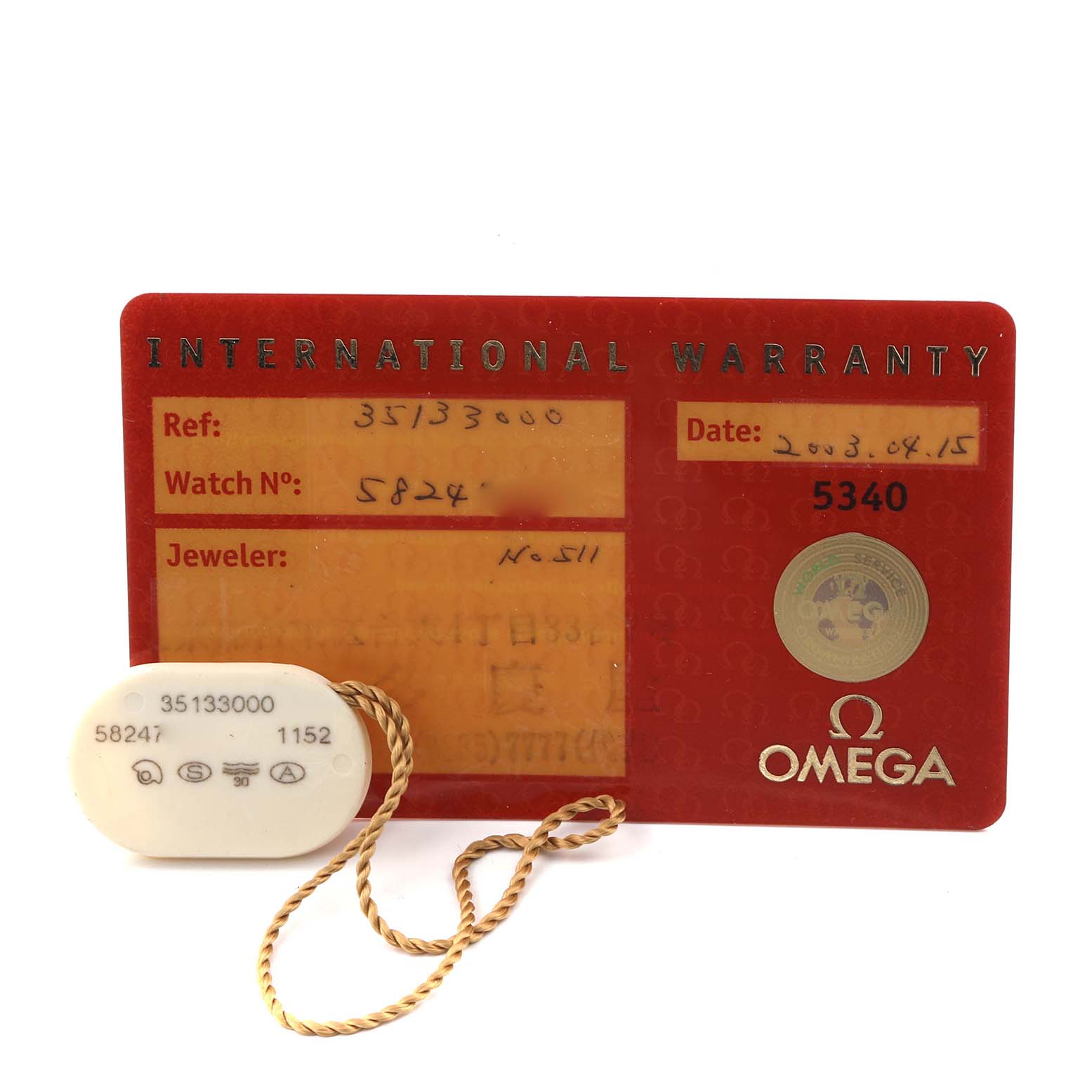 The image shows an Omega Speedmaster 3513.30.00 Men
s Stainless Steel Silver Dial 3513.30.00 Men
s Stainless Steel Silver Dial warranty card and a hang tag with the model details.