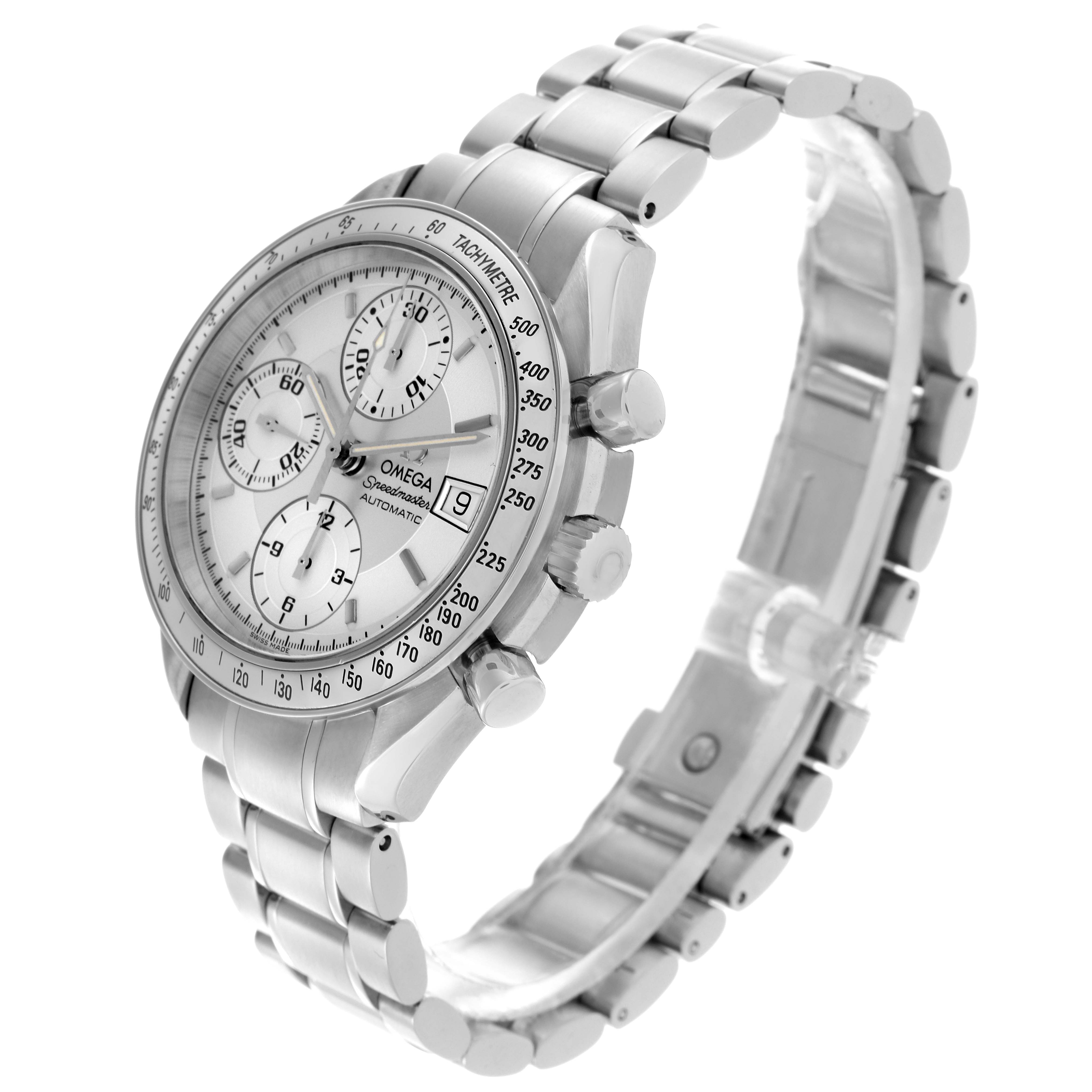The Omega Speedmaster 3513.30.00 Men
s Stainless Steel Silver Dial 3513.30.00 Men
s Stainless Steel Silver Dial watch is shown at a front angle, highlighting the face, chronograph dials, tachymeter bezel, and bracelet.