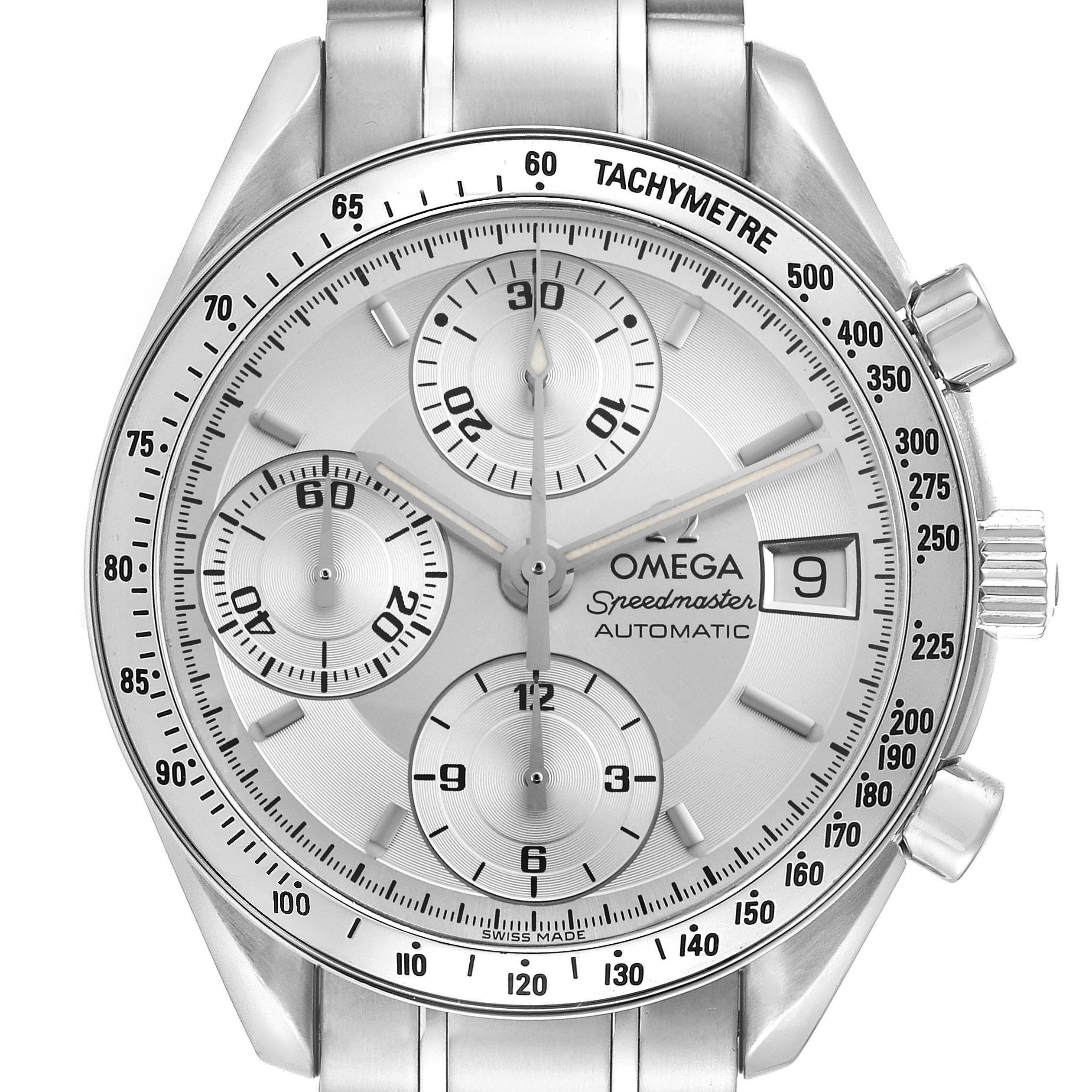 The Omega Speedmaster 3513.30.00 Men
s Stainless Steel Silver Dial 3513.30.00 Men
s Stainless Steel Silver Dial is shown from a front view, highlighting the dial, subdials, tachymeter bezel, and pushers.