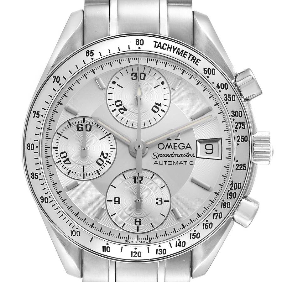 The Omega Speedmaster is shown from a front view, highlighting the dial, subdials, tachymeter bezel, and pushers.