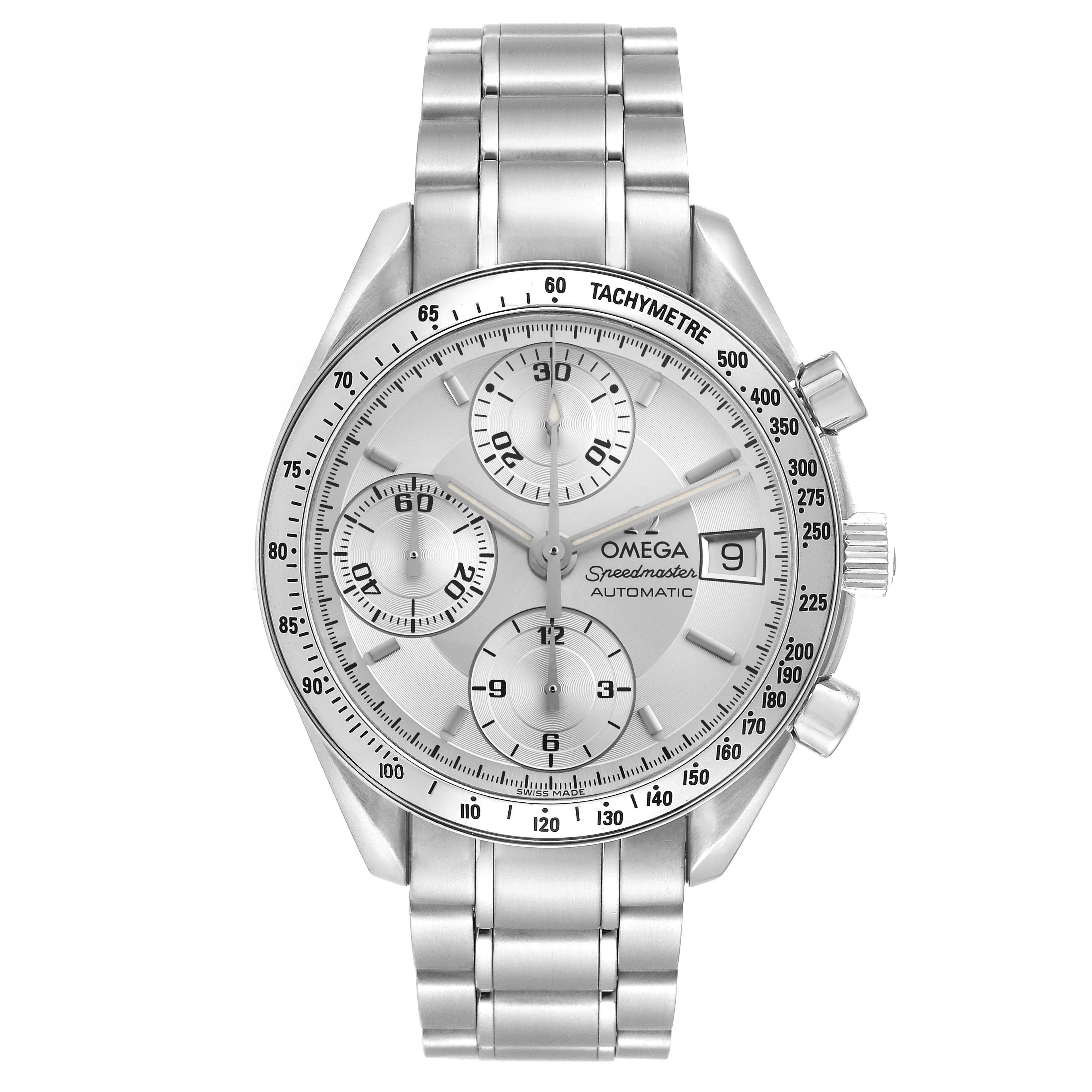 The Omega Speedmaster 3513.30.00 Men
s Stainless Steel Silver Dial 3513.30.00 Men
s Stainless Steel Silver Dial watch is shown in a front view, displaying its dial, tachymeter bezel, and metal bracelet.