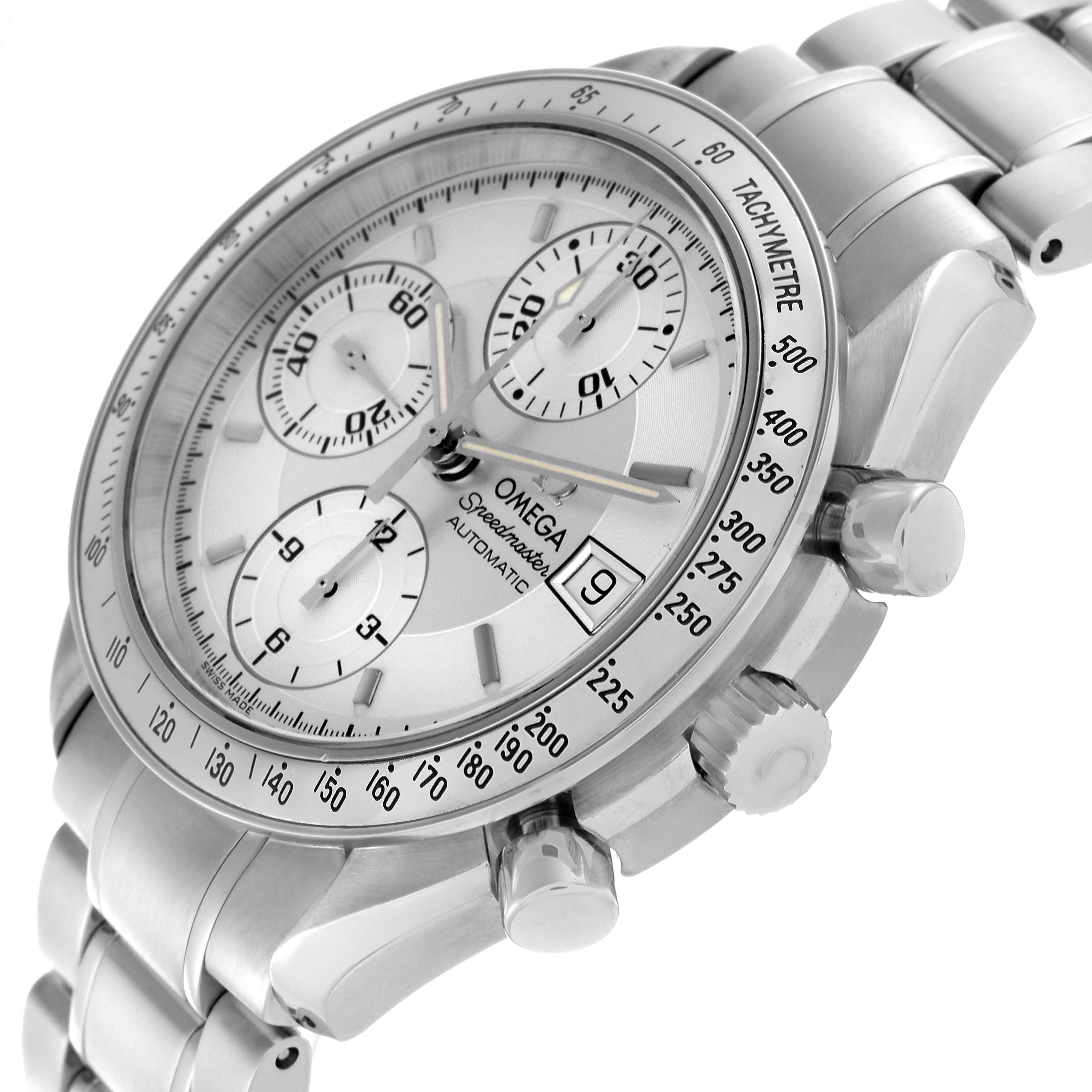 The image shows an angled view of the Omega Speedmaster 3513.30.00 Men
s Stainless Steel Silver Dial 3513.30.00 Men
s Stainless Steel Silver Dial, displaying the dial, subdials, tachymeter bezel, and pushers.