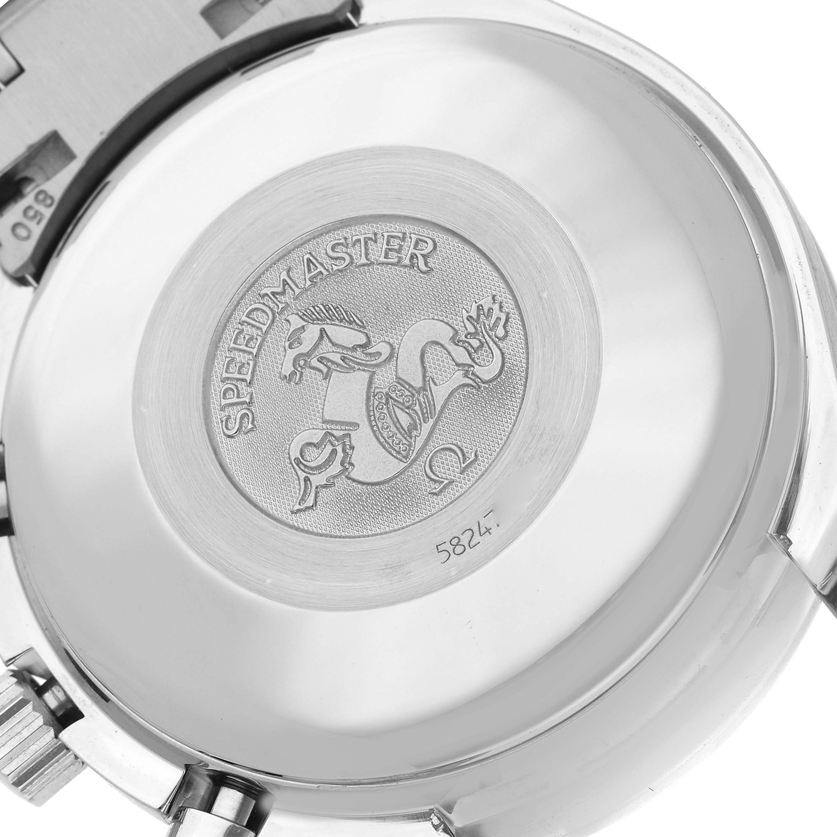 The image shows the back of an Omega Speedmaster 3513.30.00 Men
s Stainless Steel Silver Dial 3513.30.00 Men
s Stainless Steel Silver Dial watch, featuring the engraved logo and partial bracelet.