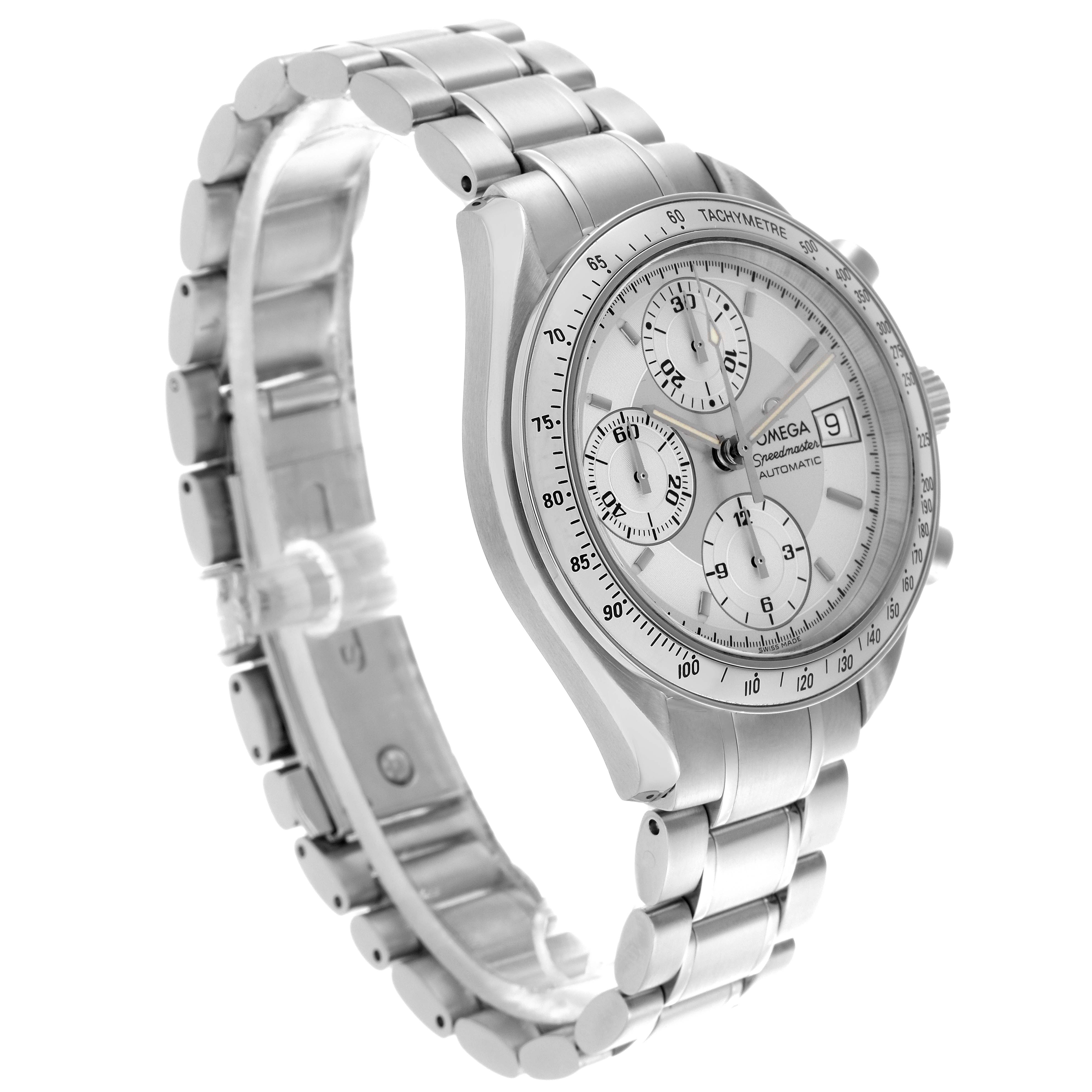 The Omega Speedmaster 3513.30.00 Men
s Stainless Steel Silver Dial 3513.30.00 Men
s Stainless Steel Silver Dial watch is shown at an angled side view, highlighting the face, bezel, and bracelet.