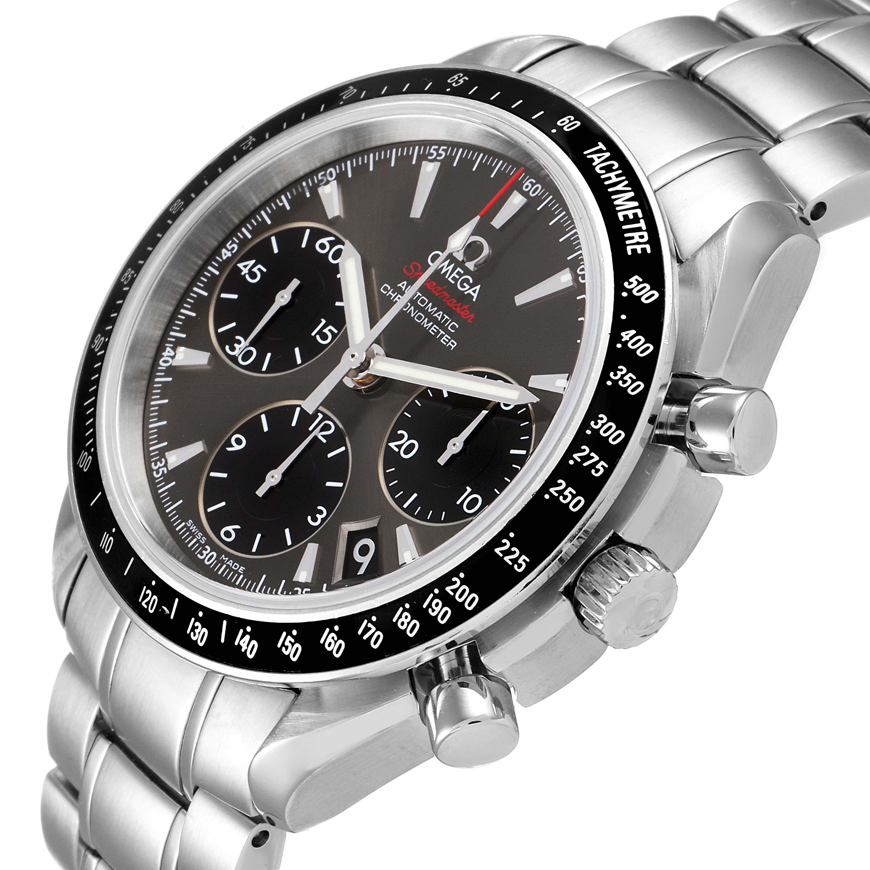 The Omega Speedmaster 323.30.40.40.06.001 Men's Stainless Steel Grey Dial 323.30.40.40.06.001 Men's Stainless Steel Grey Dial watch is shown at an angle highlighting the dial, bezel, subdials, and stainless steel bracelet.
