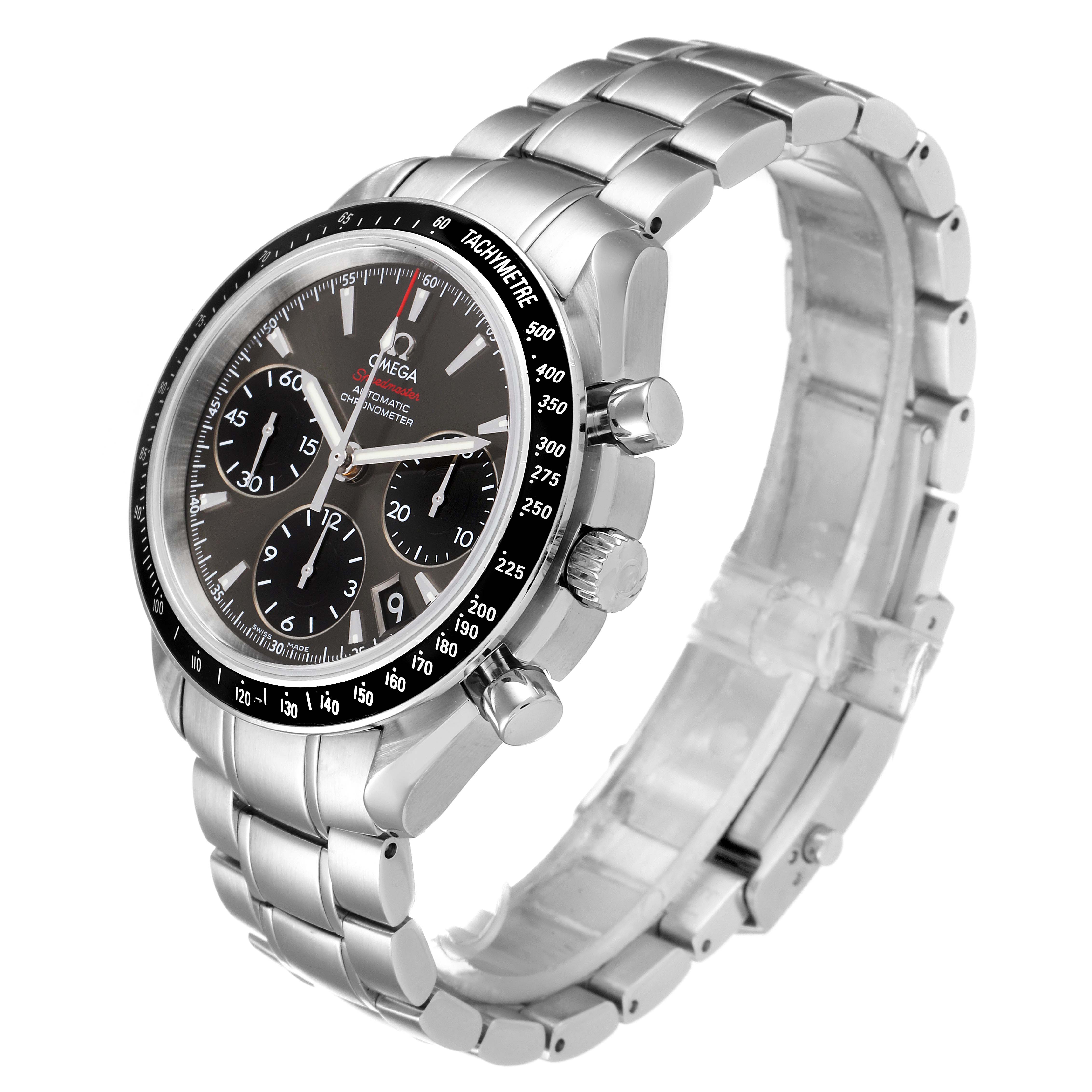 This image shows an angled view of the Omega Speedmaster 323.30.40.40.06.001 Men's Stainless Steel Grey Dial 323.30.40.40.06.001 Men's Stainless Steel Grey Dial watch, highlighting the face, bezel, crown, pushers, and bracelet.