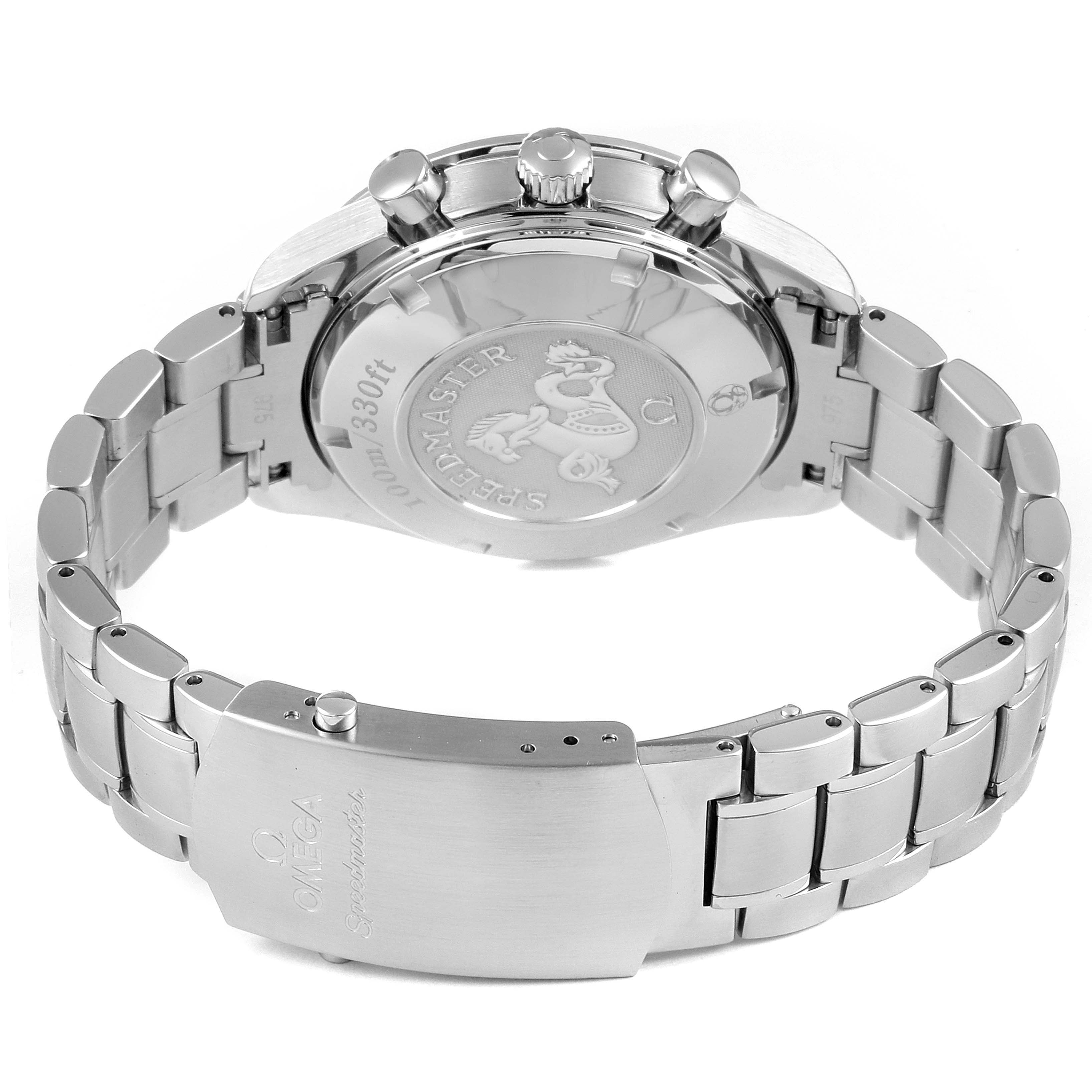 The image shows the back case and bracelet of an Omega Speedmaster 323.30.40.40.06.001 Men's Stainless Steel Grey Dial 323.30.40.40.06.001 Men's Stainless Steel Grey Dial watch, viewed from the rear.
