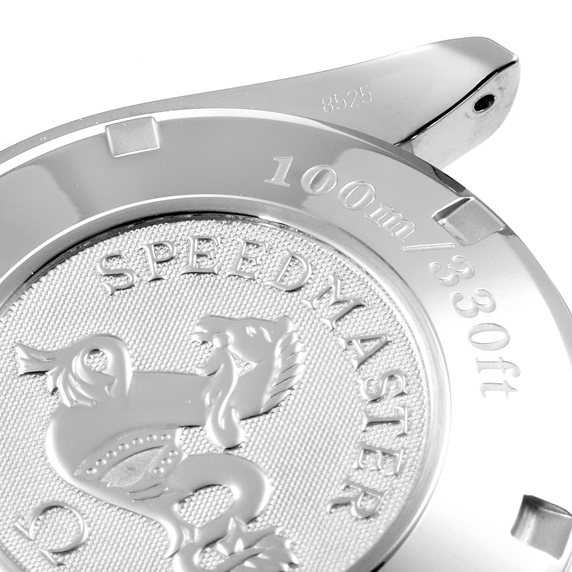 This image shows a close-up of the back case of an Omega Speedmaster 323.30.40.40.06.001 Men's Stainless Steel Grey Dial 323.30.40.40.06.001 Men's Stainless Steel Grey Dial watch, displaying the model name and water resistance.