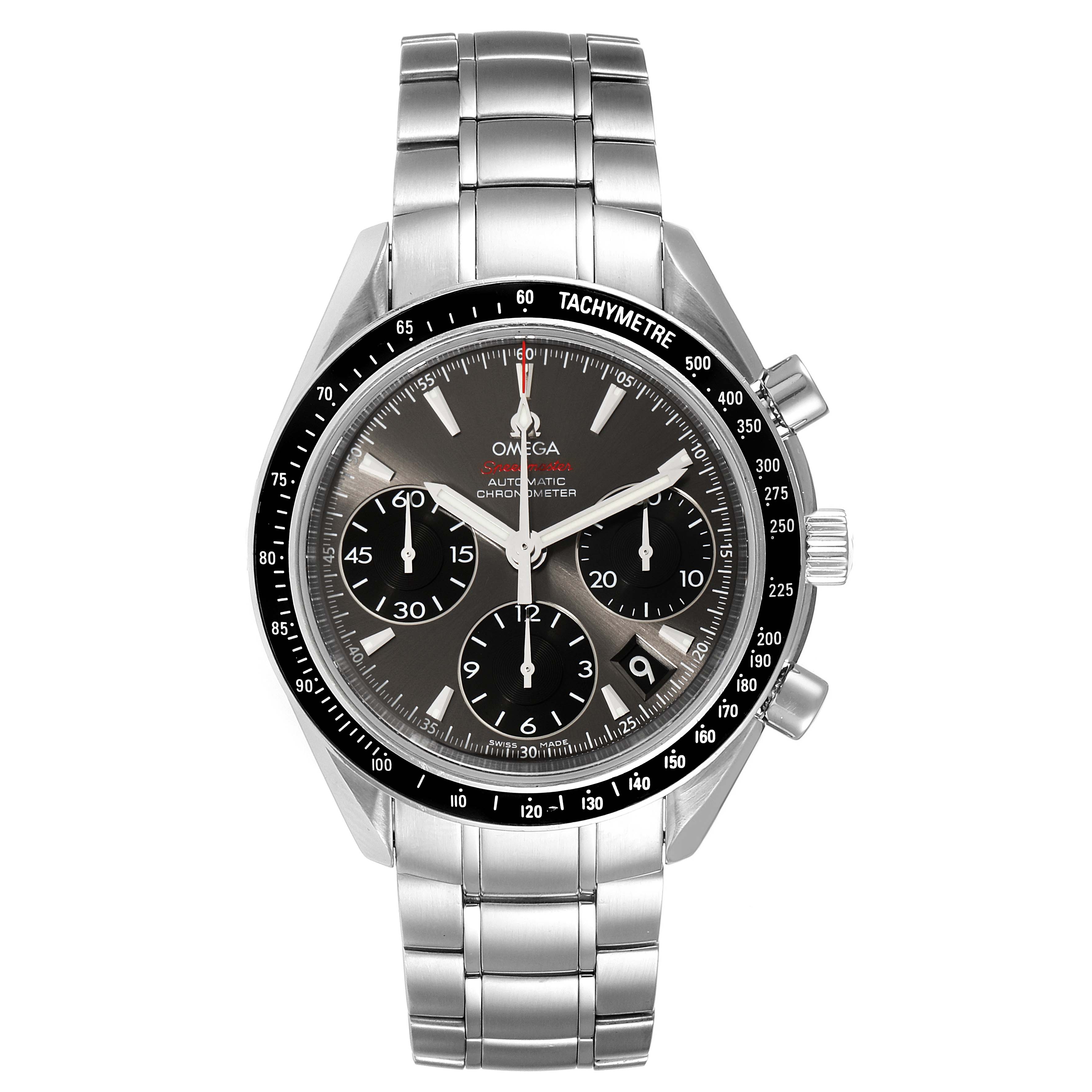 The image shows a front view of the Omega Speedmaster 323.30.40.40.06.001 Men's Stainless Steel Grey Dial 323.30.40.40.06.001 Men's Stainless Steel Grey Dial watch, displaying its dial, bezel, and stainless steel bracelet.