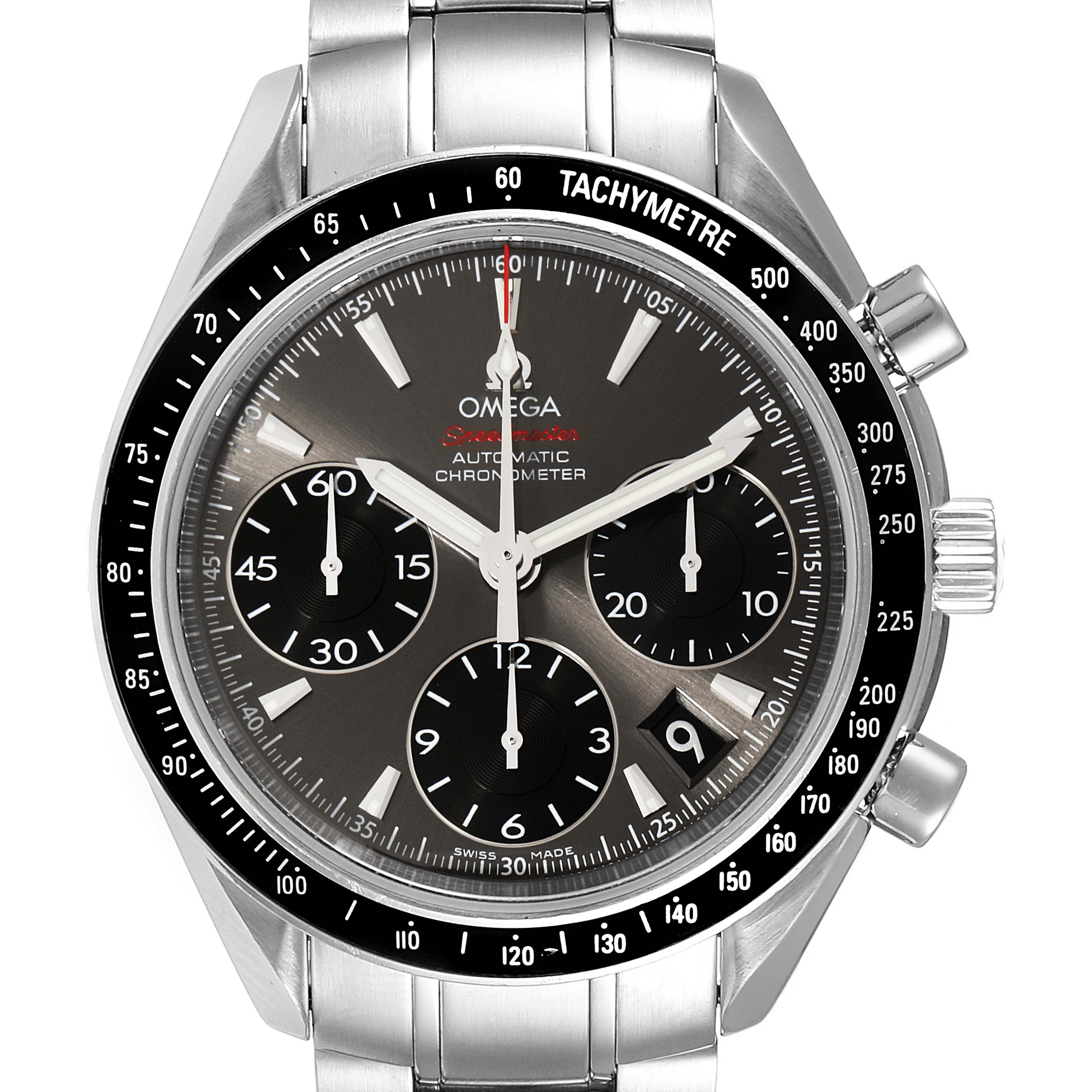 This image shows a front view of an Omega Speedmaster 323.30.40.40.06.001 Men's Stainless Steel Grey Dial 323.30.40.40.06.001 Men's Stainless Steel Grey Dial watch, displaying the dial, bezel, sub-dials, crown, and pushers.