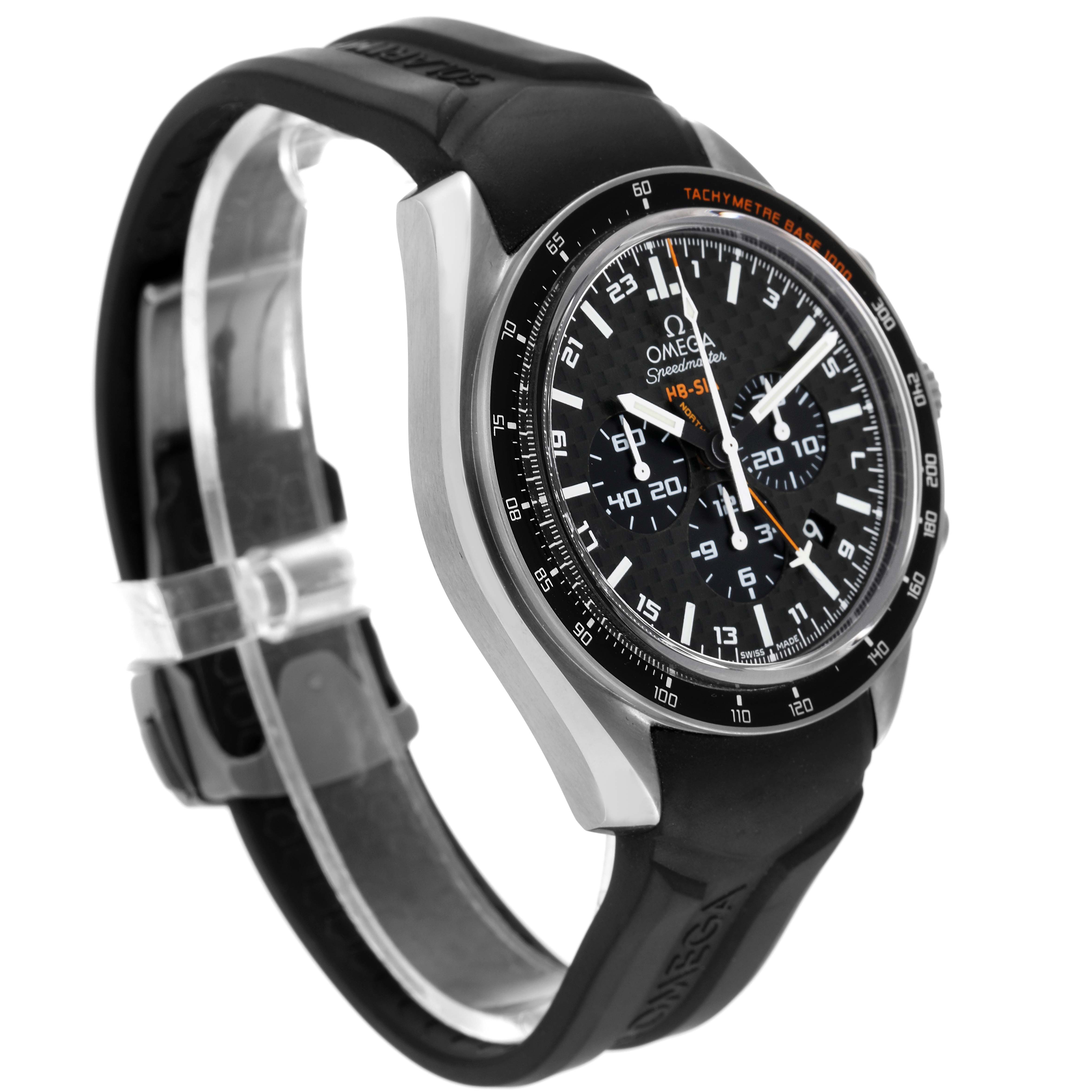 The Omega Speedmaster 321.92.44.52.01.001 Men's Titanium Black Dial 321.92.44.52.01.001 Men's Titanium Black Dial watch is shown at a three-quarter angle displaying the face, bezel, and part of the strap.