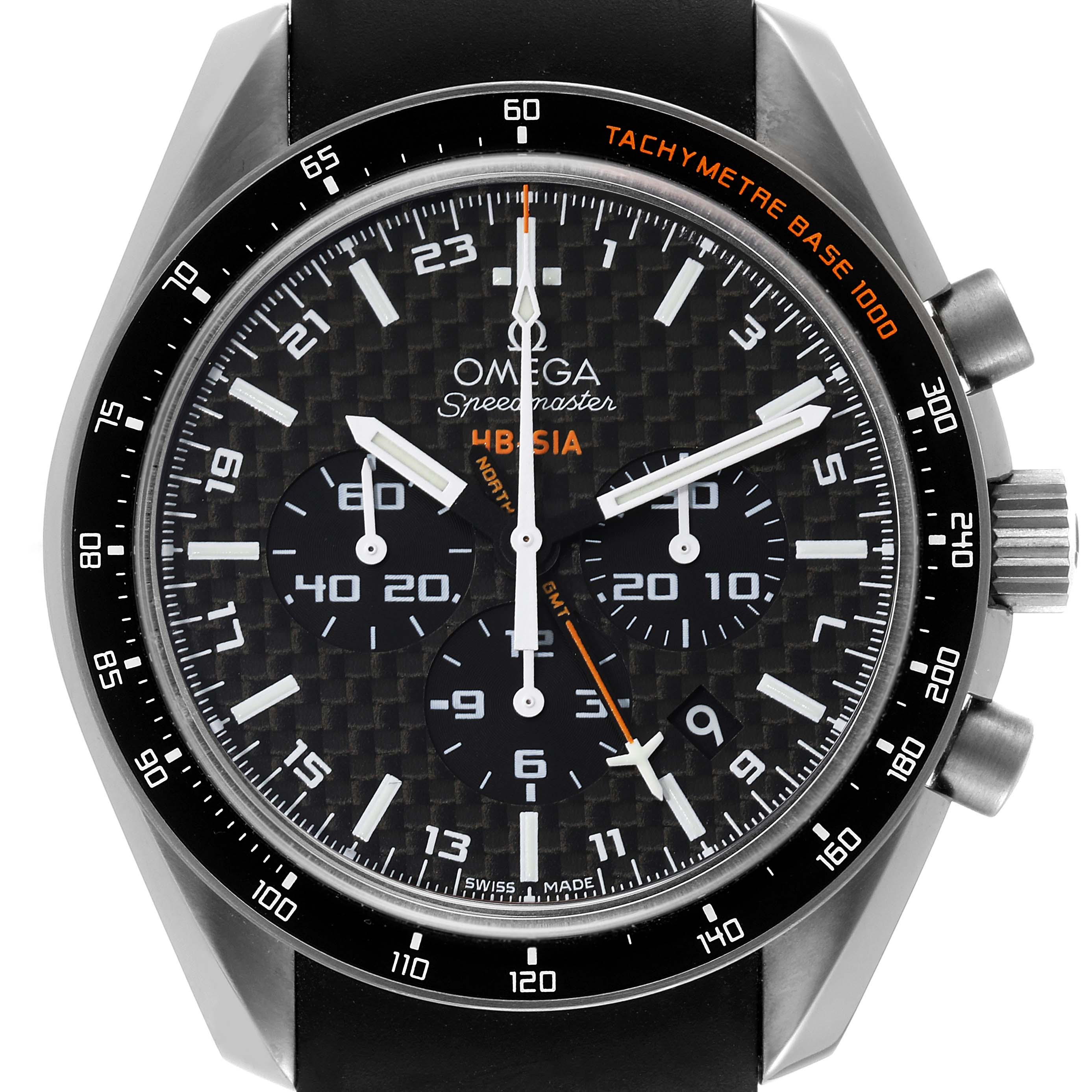 This image shows the front view of an Omega Speedmaster 321.92.44.52.01.001 Men's Titanium Black Dial 321.92.44.52.01.001 Men's Titanium Black Dial watch, highlighting the dial, sub-dials, hands, and bezel.