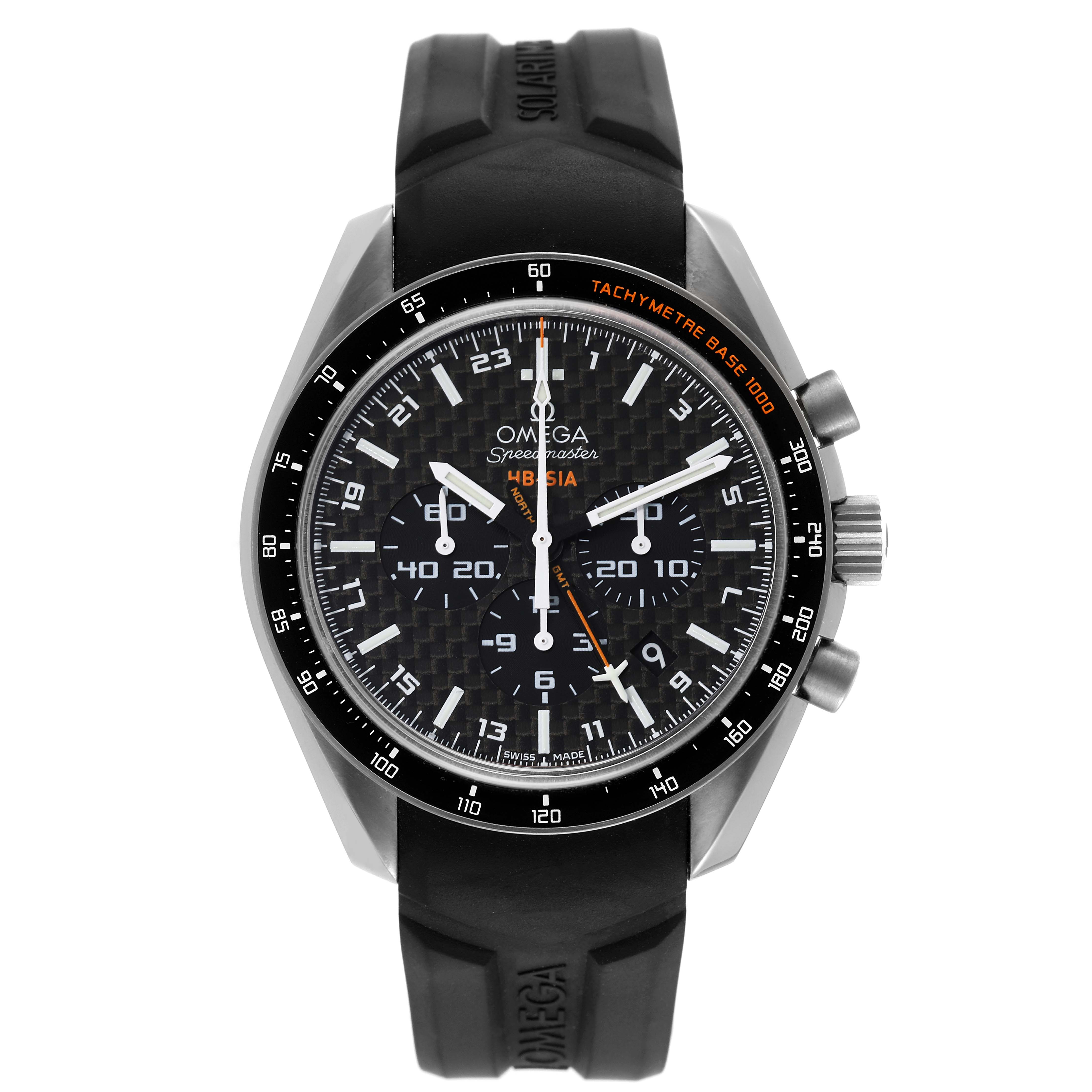 The image shows a front view of an Omega Speedmaster 321.92.44.52.01.001 Men's Titanium Black Dial 321.92.44.52.01.001 Men's Titanium Black Dial watch featuring its dial, bezel, crown, pushers, and black rubber strap.