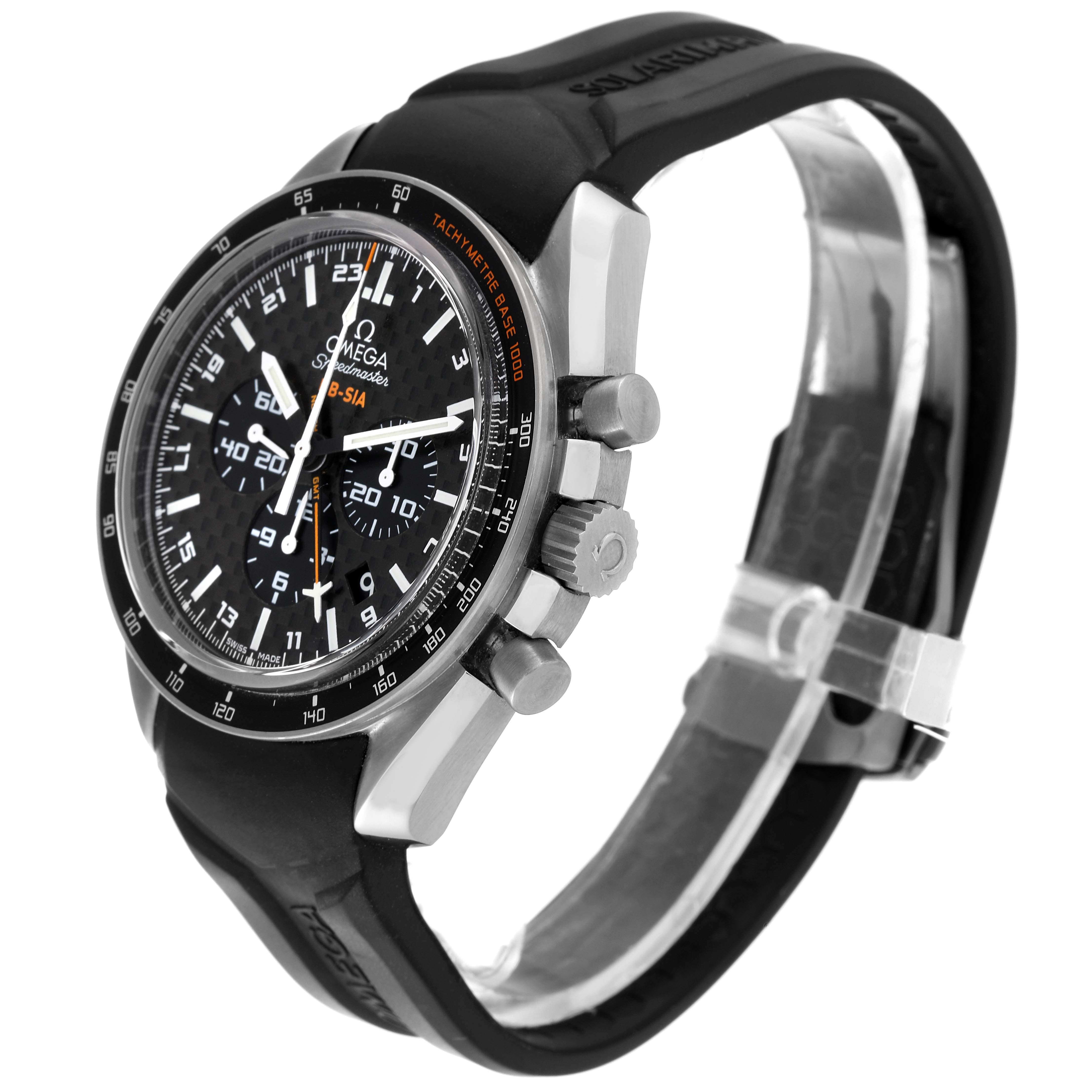 The Omega Speedmaster 321.92.44.52.01.001 Men's Titanium Black Dial 321.92.44.52.01.001 Men's Titanium Black Dial watch is shown at an angle, displaying the dial, bezel, chronograph pushers, crown, and part of the strap.