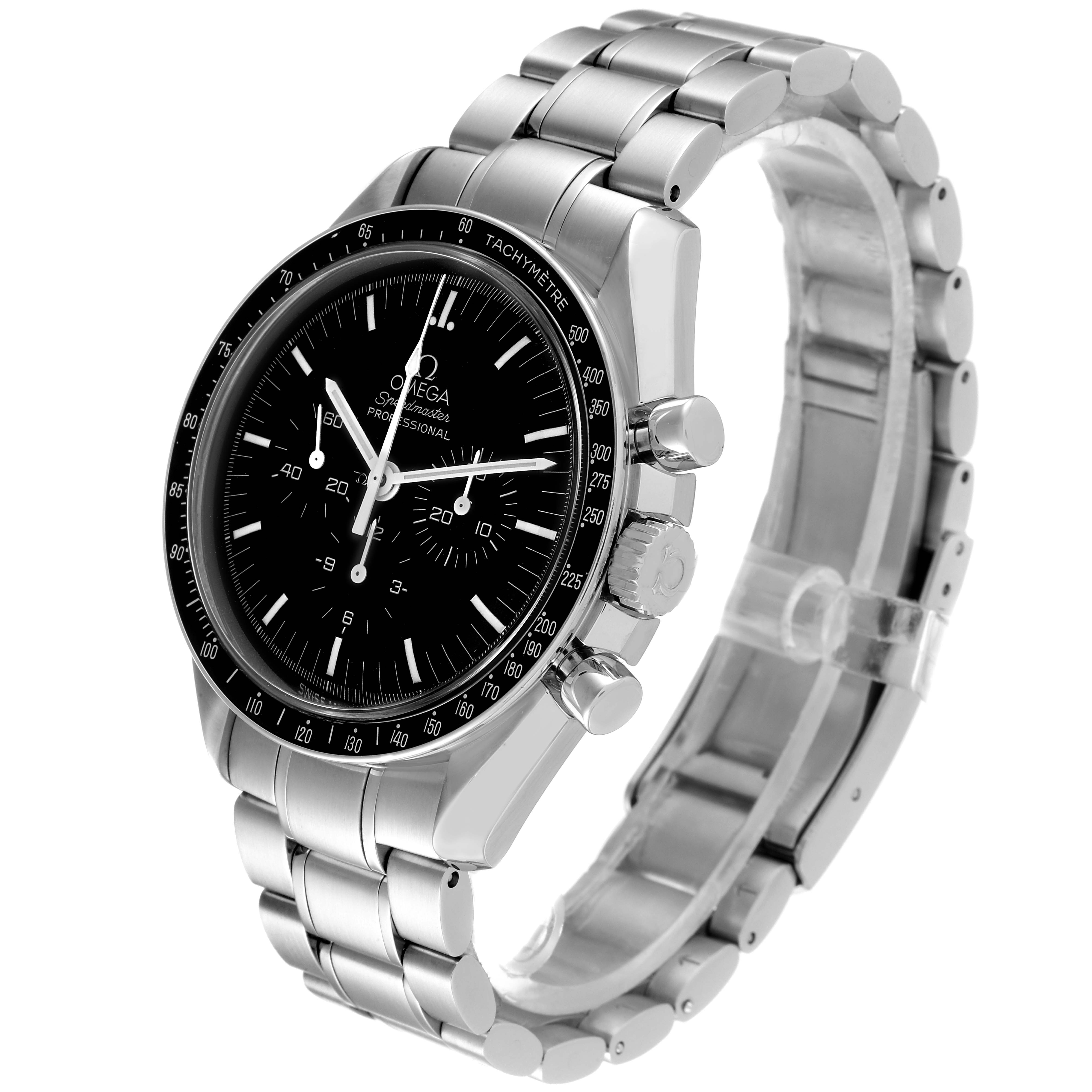 The image shows a side view of the Omega Speedmaster 3572.50.00 Men
s Stainless Steel Black Dial 3572.50.00 Men
s Stainless Steel Black Dial watch featuring the case, dial, tachymeter, bracelet, and push buttons.