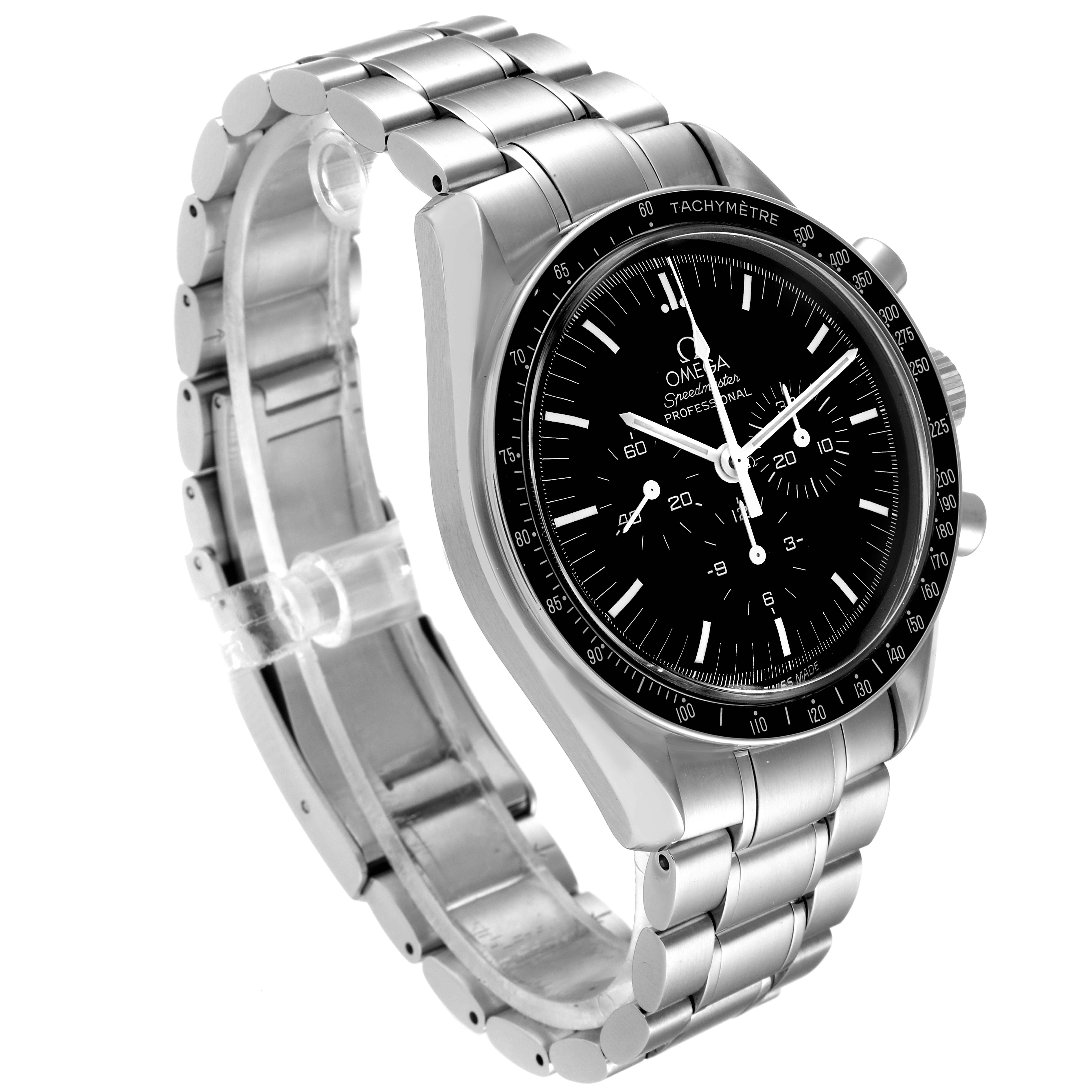 The image shows an Omega Speedmaster 3572.50.00 Men
s Stainless Steel Black Dial 3572.50.00 Men
s Stainless Steel Black Dial watch from an angled side view, highlighting its bracelet, bezel, and tachymeter scale.