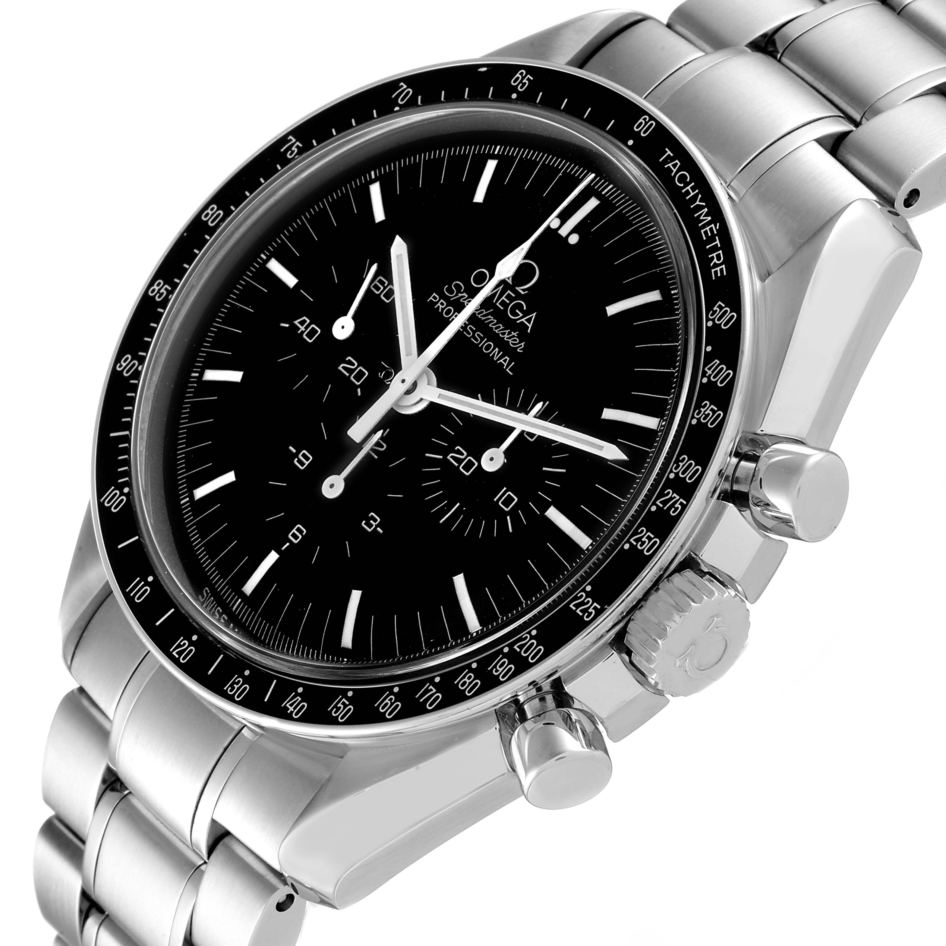 This image shows a close-up angle of the Omega Speedmaster 3572.50.00 Men
s Stainless Steel Black Dial 3572.50.00 Men
s Stainless Steel Black Dial watch, highlighting the face, bezel, crown, pushers, and part of the bracelet.
