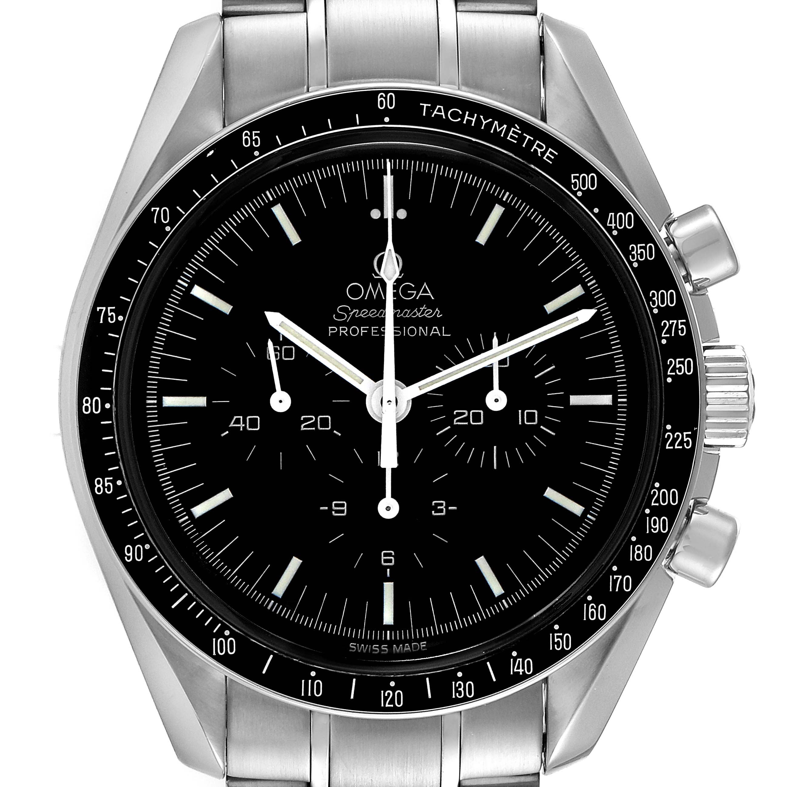 The Omega Speedmaster 3572.50.00 Men
s Stainless Steel Black Dial 3572.50.00 Men
s Stainless Steel Black Dial watch is shown from a front angle, highlighting the dial, tachymeter bezel, and stainless steel bracelet.