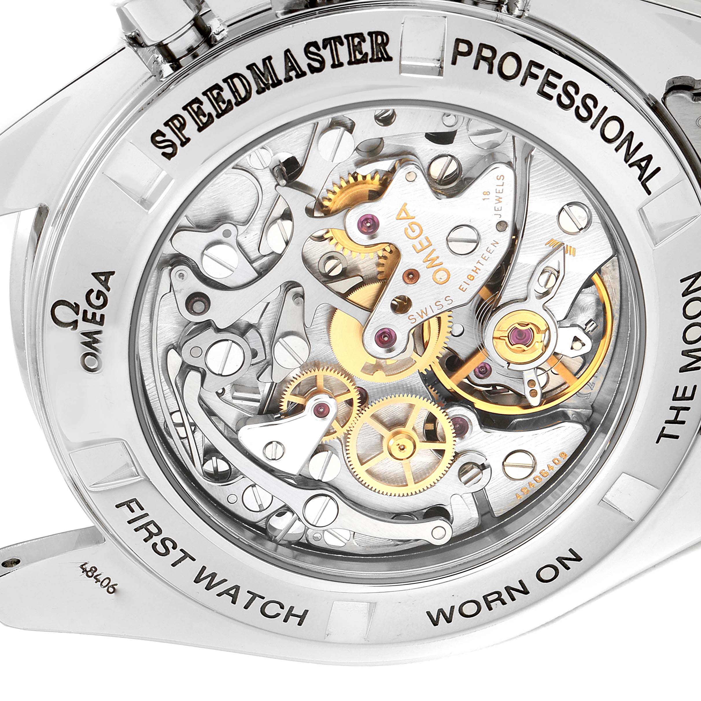 The image displays the back side of an Omega Speedmaster 3572.50.00 Men
s Stainless Steel Black Dial 3572.50.00 Men
s Stainless Steel Black Dial watch, showcasing its intricate internal mechanics.