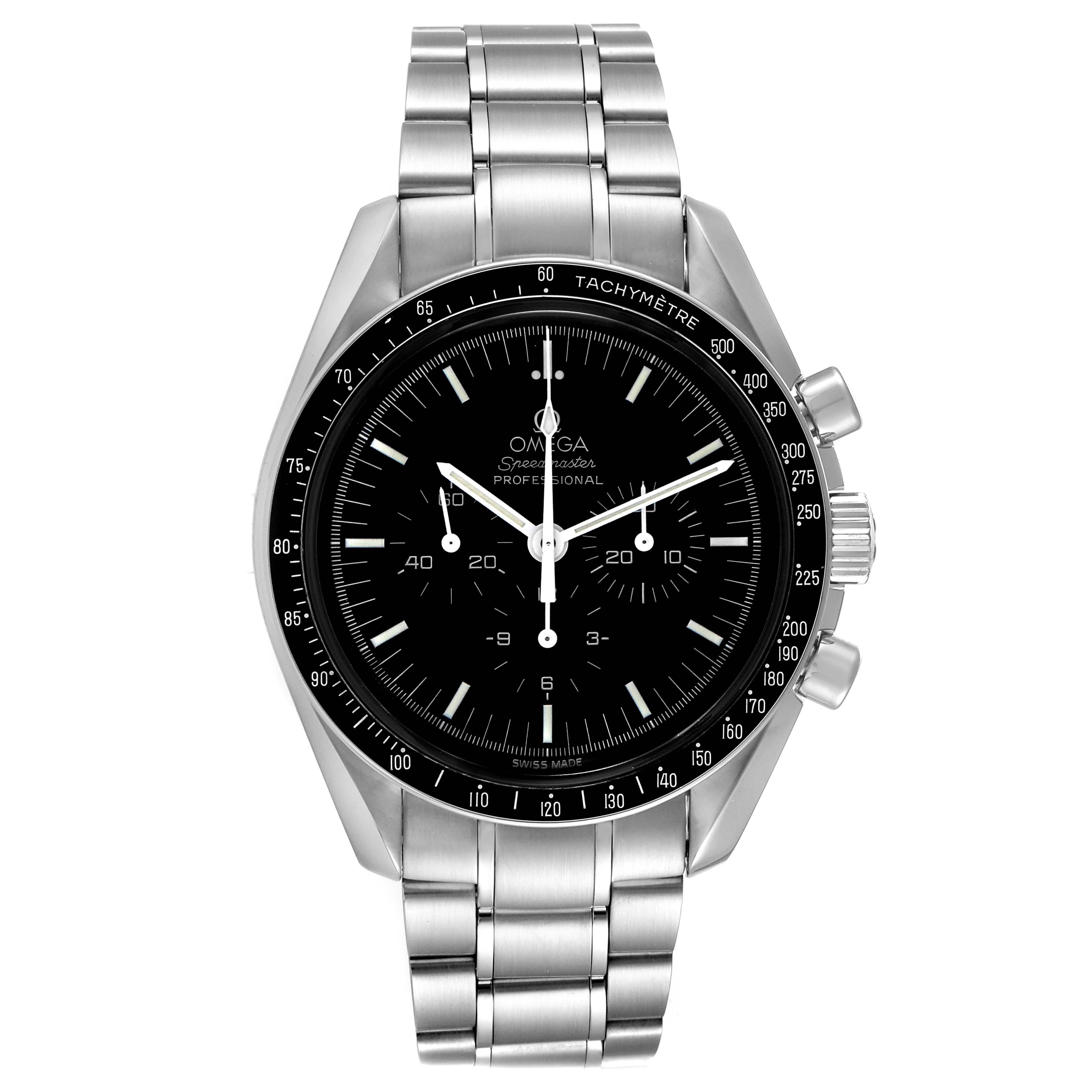 The image shows a front view of the Omega Speedmaster 3572.50.00 Men
s Stainless Steel Black Dial 3572.50.00 Men
s Stainless Steel Black Dial watch, highlighting its face, bezel, and stainless steel bracelet.
