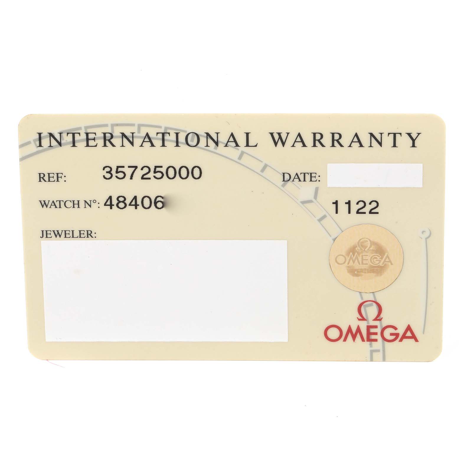 The image shows an International Warranty card for the Omega Speedmaster 3572.50.00 Men
s Stainless Steel Black Dial 3572.50.00 Men
s Stainless Steel Black Dial model, displaying reference and watch numbers.