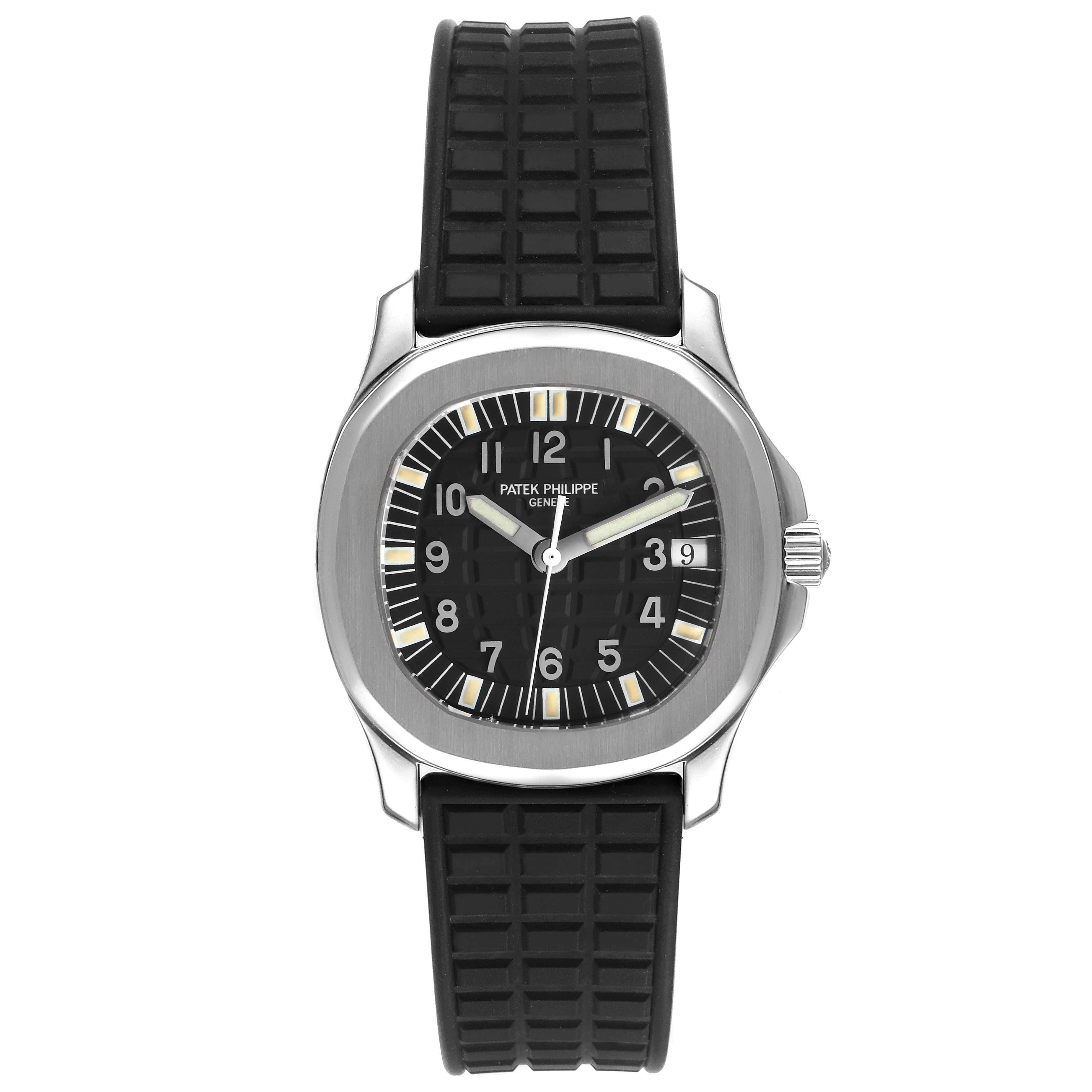 The image shows a front view of the Patek Philippe Aquanaut 5066 Men
s Stainless Steel Black Dial 5066 Men
s Stainless Steel Black Dial watch, displaying its black dial, silver bezel, and black rubber strap.