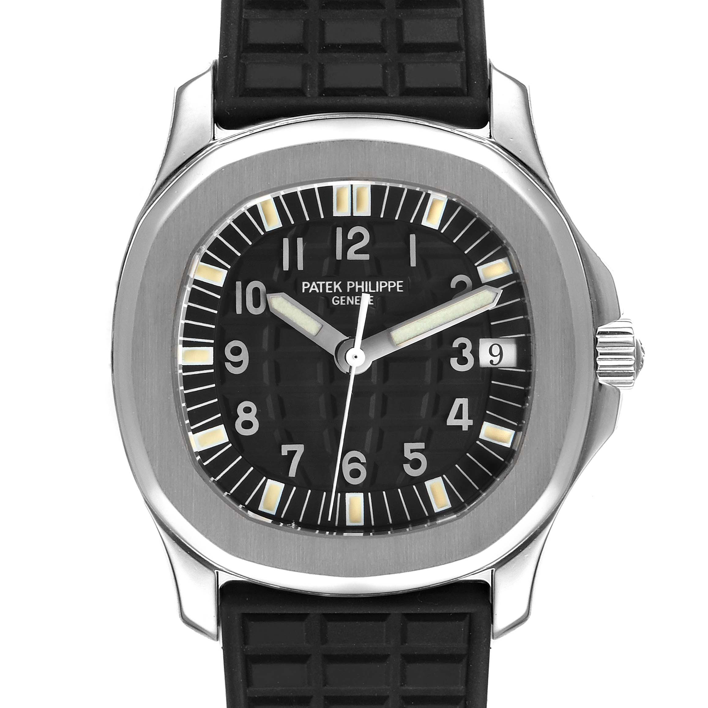 This image shows a front view of a Patek Philippe Aquanaut 5066 Men
s Stainless Steel Black Dial 5066 Men
s Stainless Steel Black Dial watch, highlighting its dial, hands, date window, and rubber strap.
